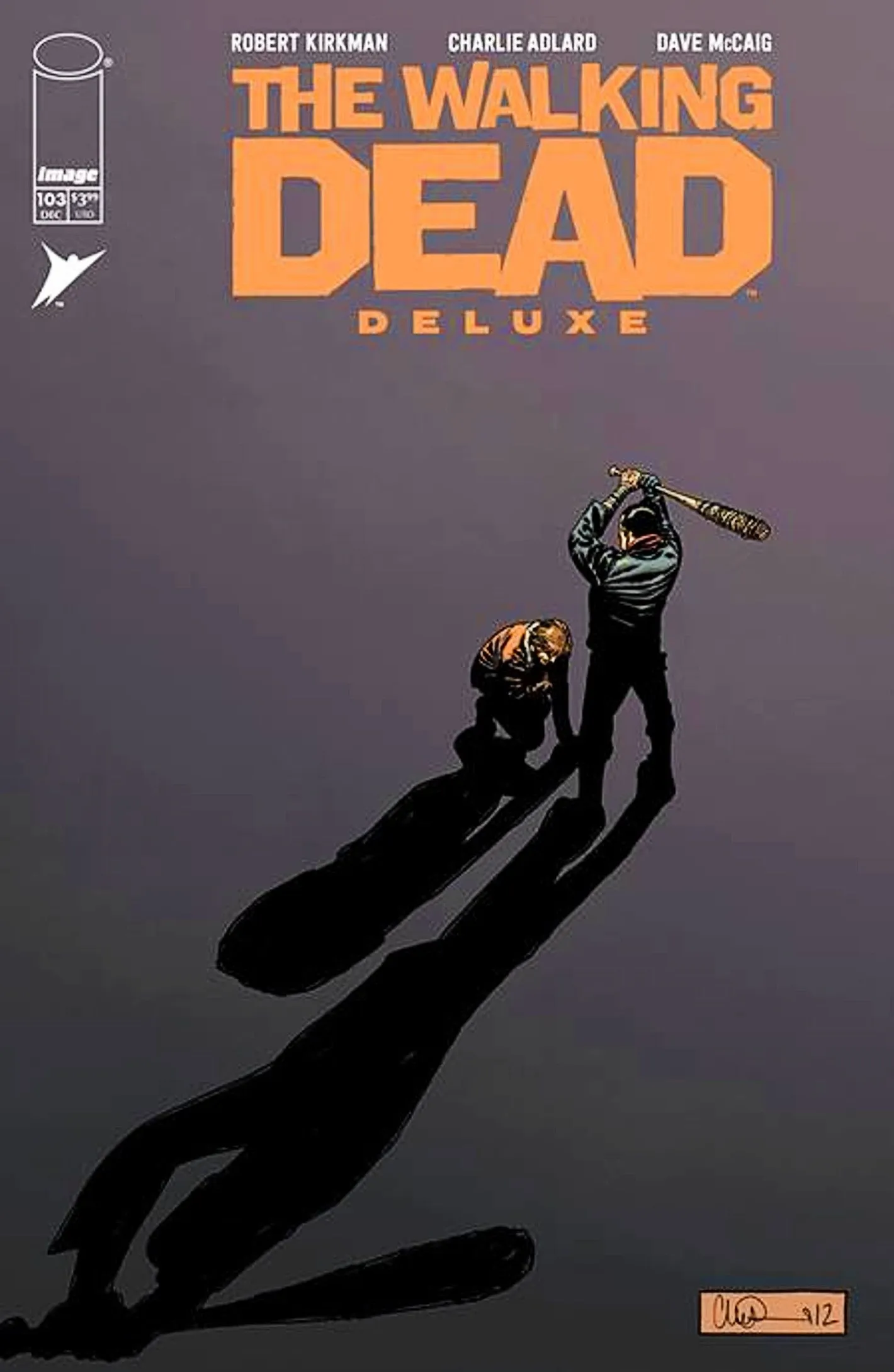 Capa variante de Walking Dead Deluxe #103, Negan se preparando para balançar Lucille na cabeça de Rick