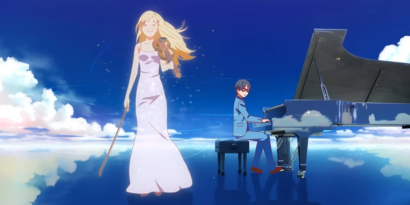 Kaori spielt Geige und Kosei Klavier während ihrer letzten Aufführung von Your Lie in April.