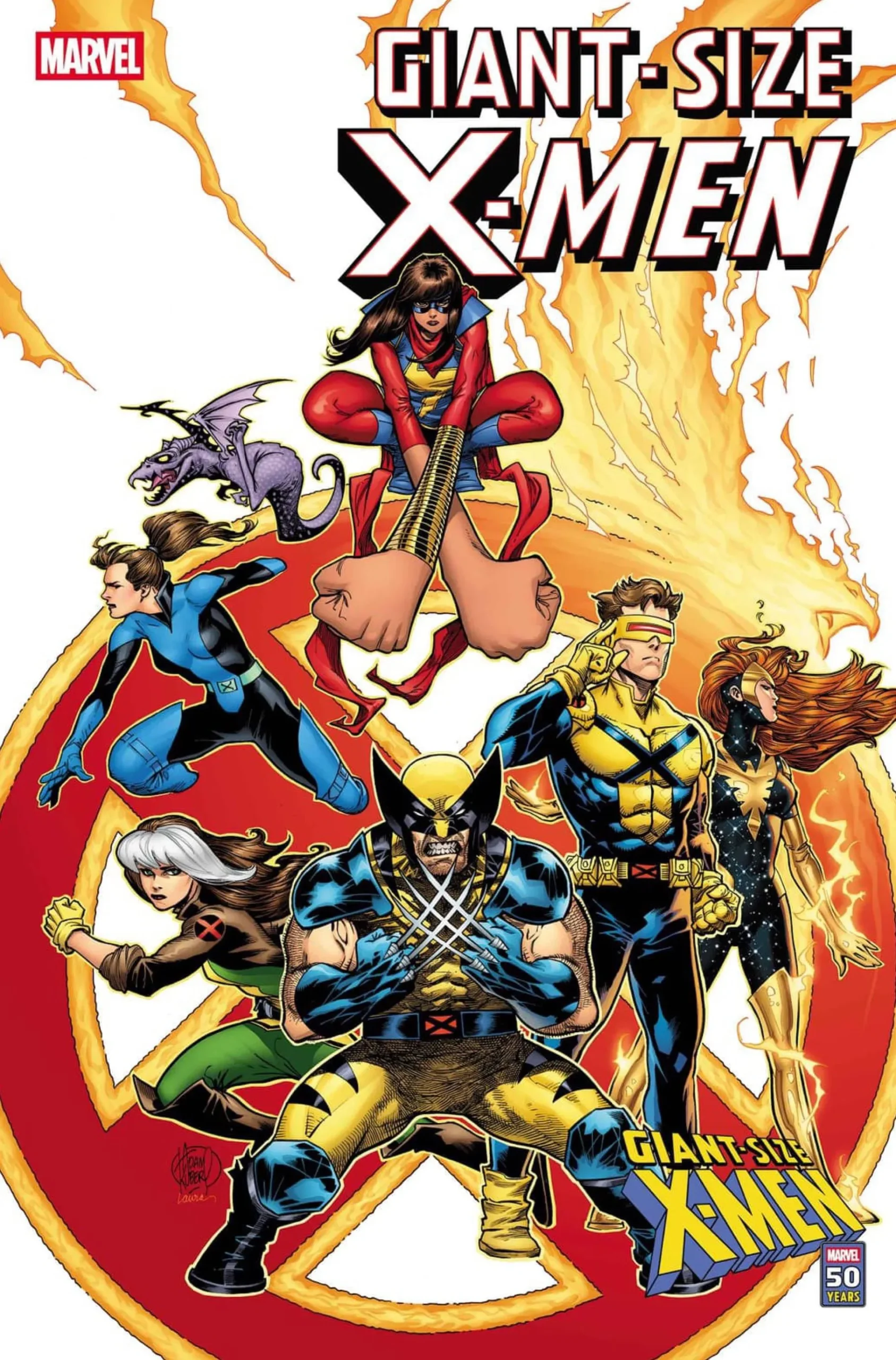 Giant-Size X-Men #2 cover by Adam Kubert - Ms. Marvel and the modern X-Men including Phoenix, Cyclops, Wolverine, more