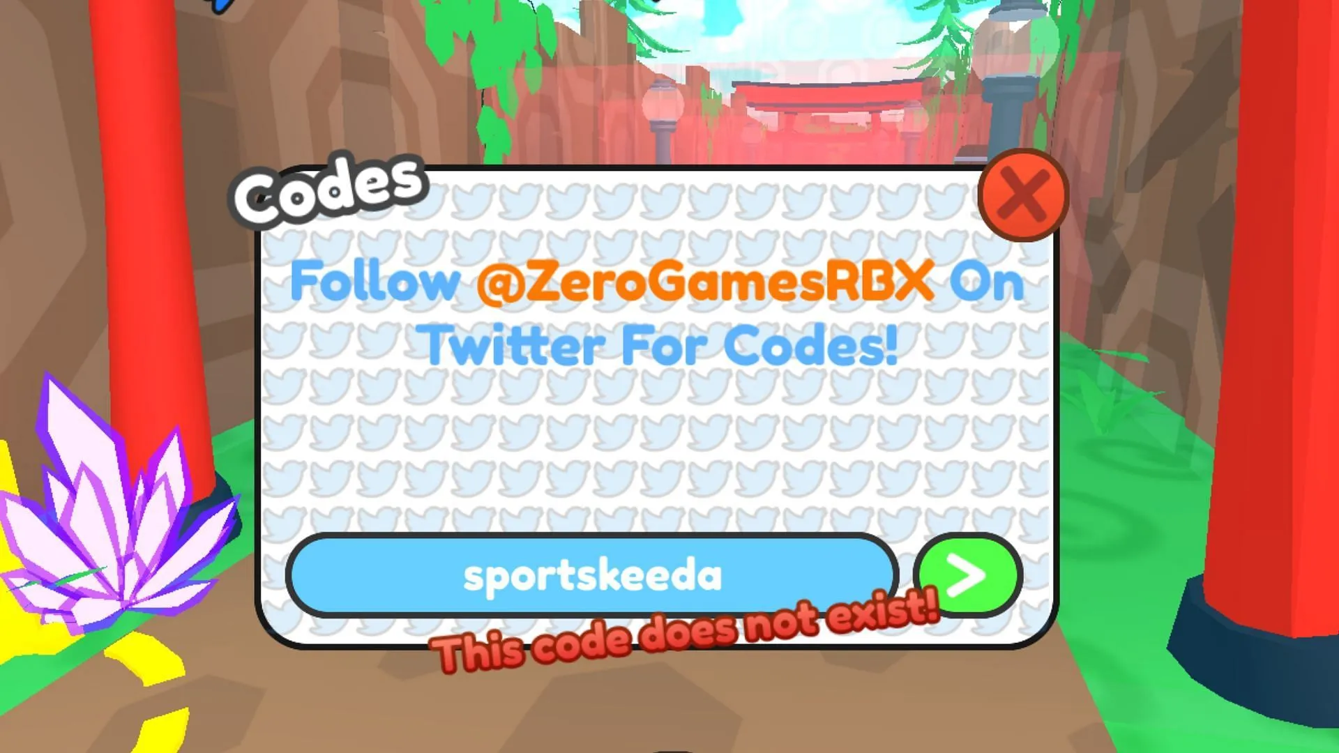 Error message indicating code does not exist (Image via Roblox) Error message indicating code does not exist (Image via Roblox)