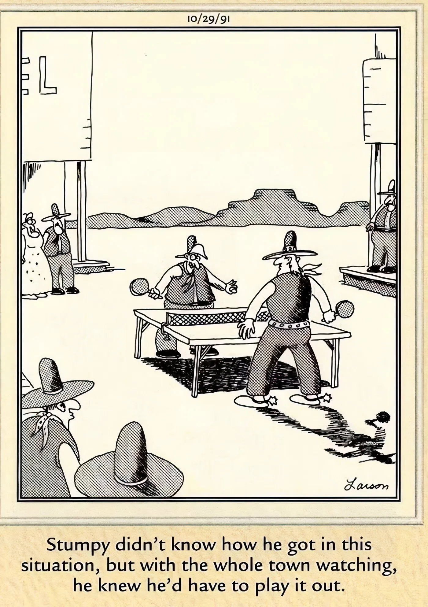 Cowboys playing table tennis in The Far Side. Cowboys playing table tennis in The Far Side.