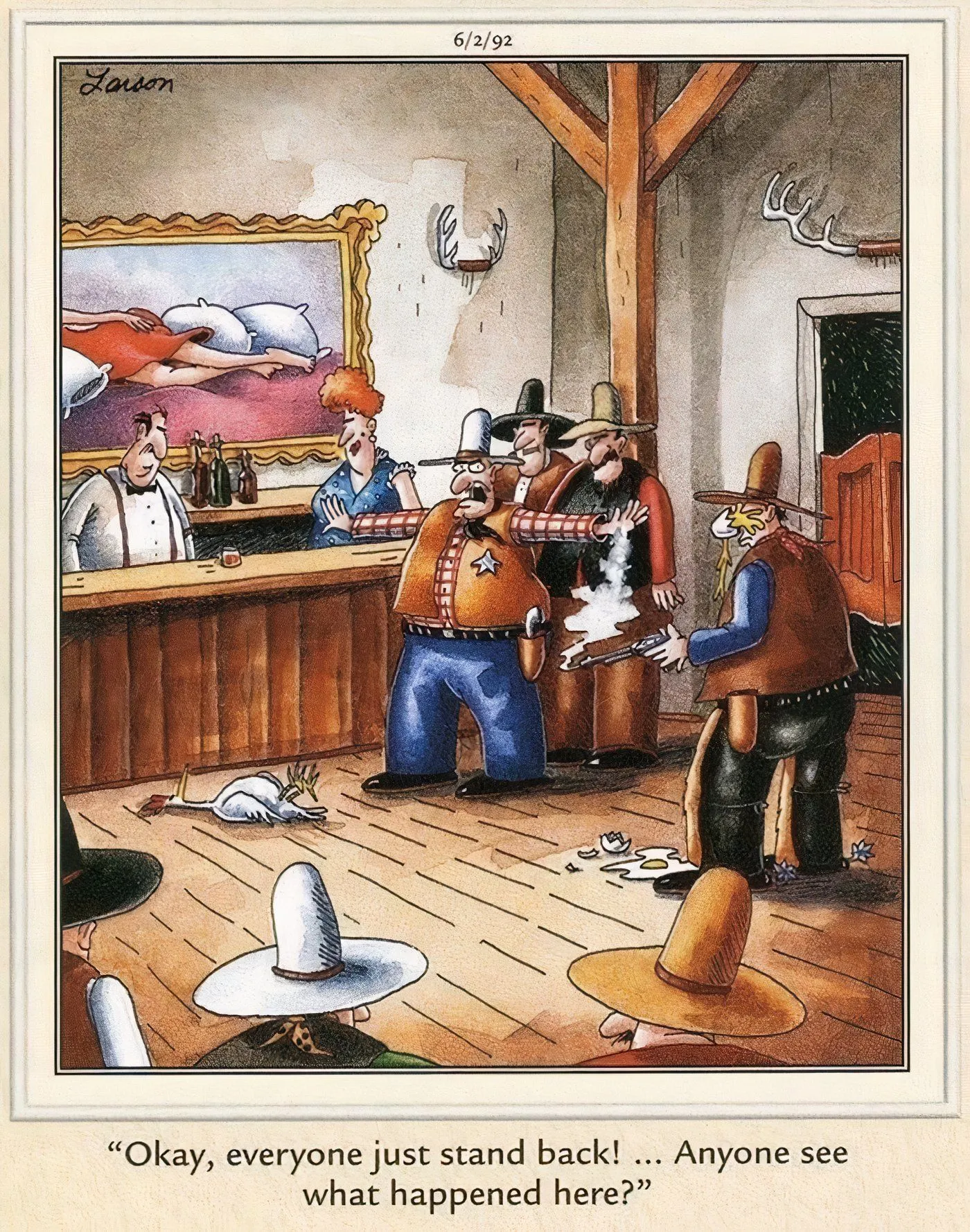A cowboy shooting a chicken in The Far Side. A cowboy shooting a chicken in The Far Side.