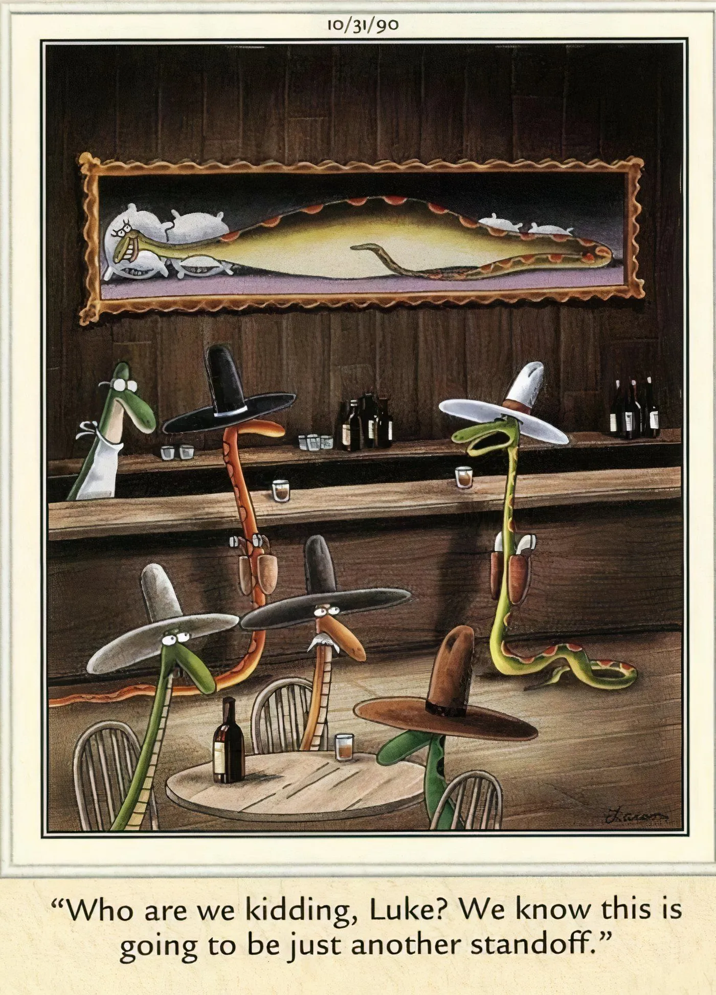 Two cowboy snakes in a stand-off in The Far Side. Two cowboy snakes in a stand-off in The Far Side.