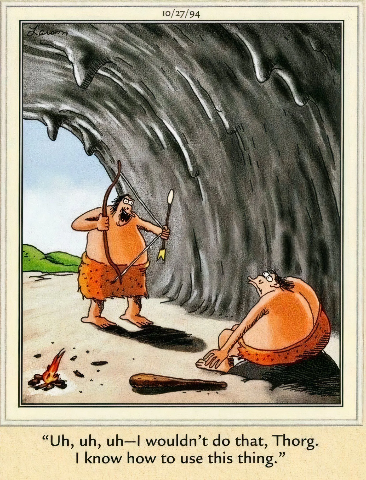A caveman threatening another with a bow and arrow in The Far Side. A caveman threatening another with a bow and arrow in The Far Side.