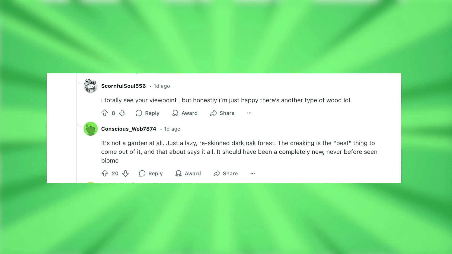 Redditors react to the post and discuss the Pale Garden biome (Image via Reddit) Redditors react to the post and discuss the Pale Garden biome (Image via Reddit)