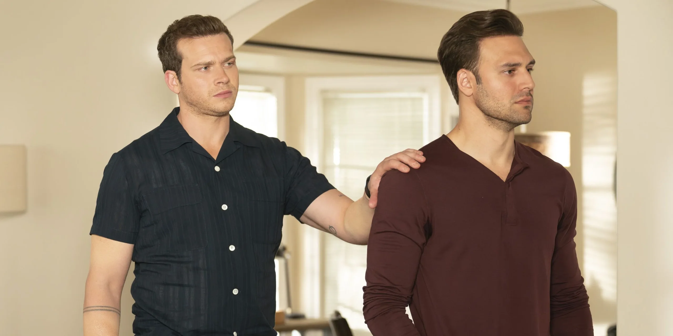 Buck with his hand on Eddie's shoulder in the season 7 finale Buck with his hand on Eddie's shoulder in the season 7 finale