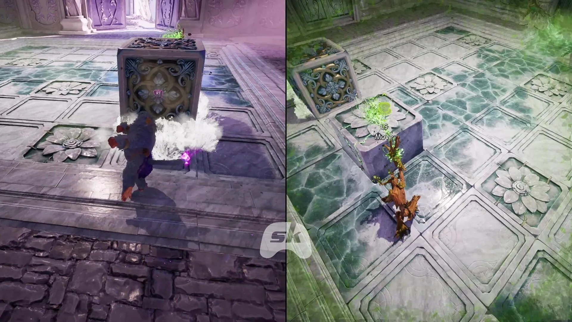 The ape can push blocks while the treant has the power to raise platforms (Image via Sportskeeda Gaming || Electronic Arts) The ape can push blocks while the treant has the power to raise platforms (Image via Sportskeeda Gaming || Electronic Arts)