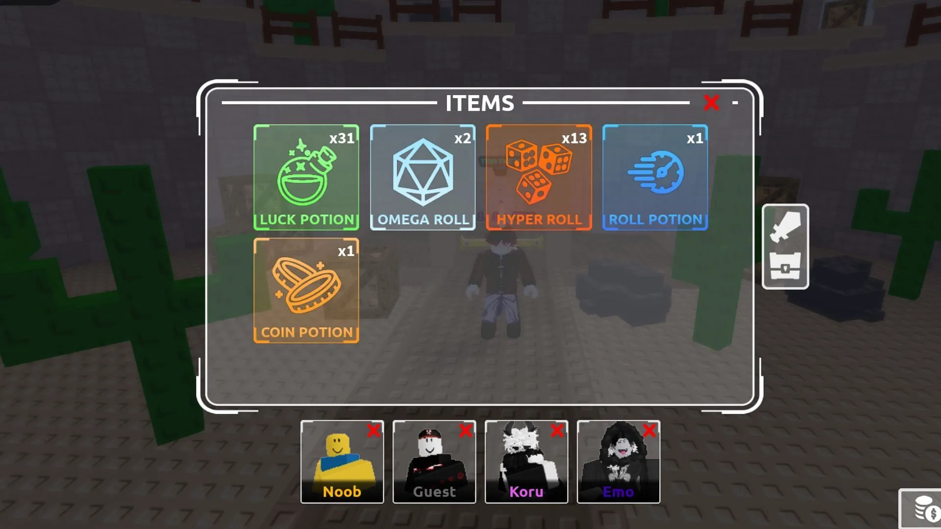 Inventory screen showing stored items (Image via Roblox)