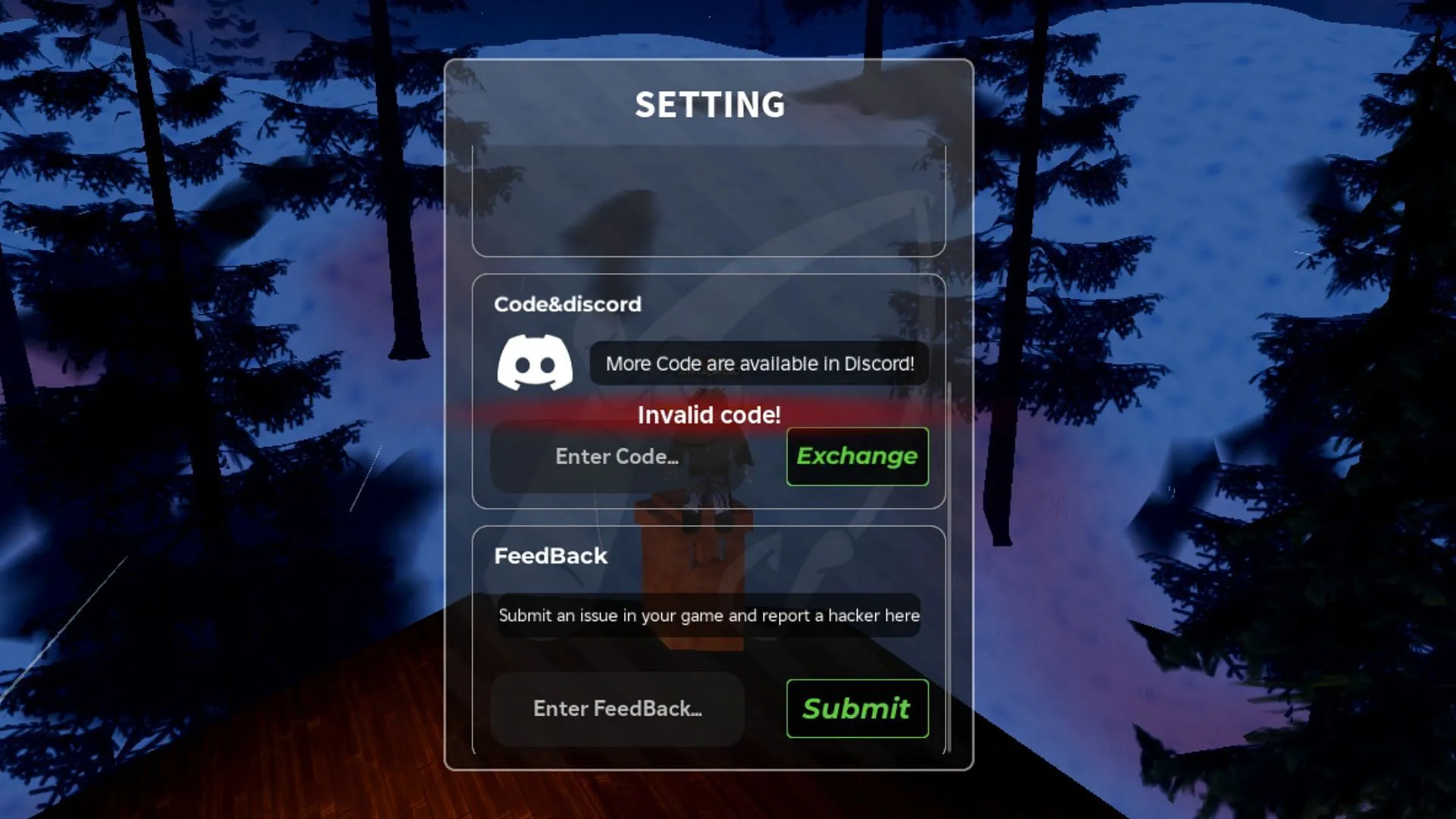"Invalid code!" error in Icebound Detector (Image via Roblox)