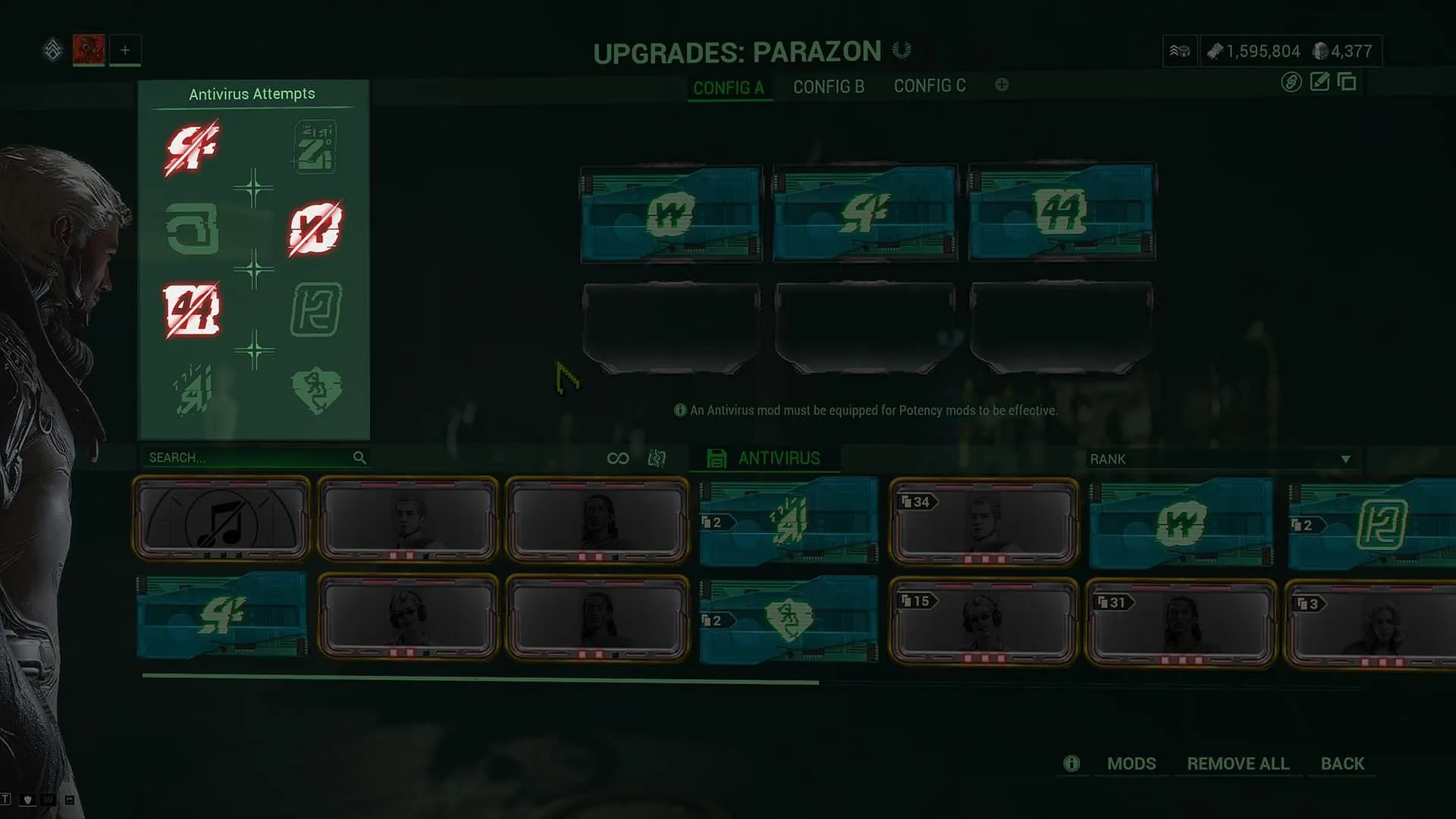 You can have up to three Antivirus Mods on the Parazon (Image via Digital Extremes)