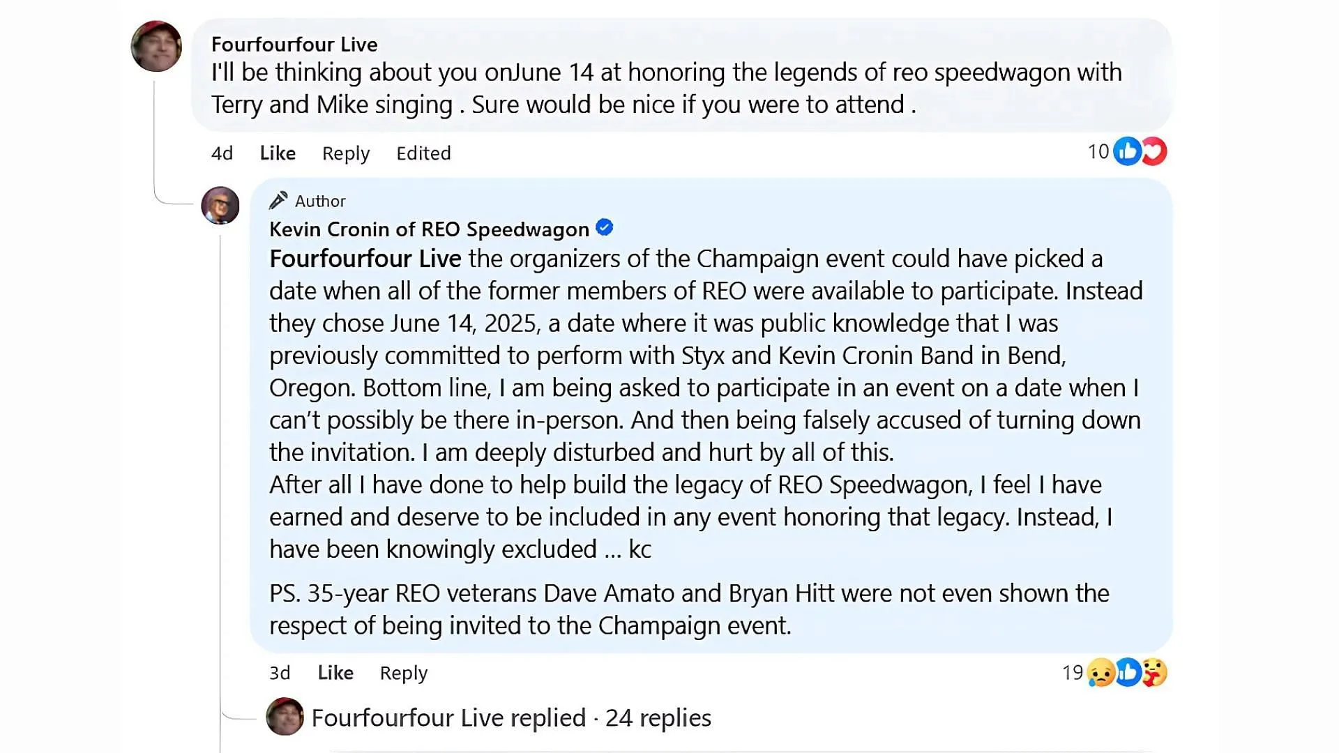 Kevin Cronin on being excluded from the REO Speedwagon reunion. (Image via Facebook/@Kevin Cronin of REO Speedwagon)
