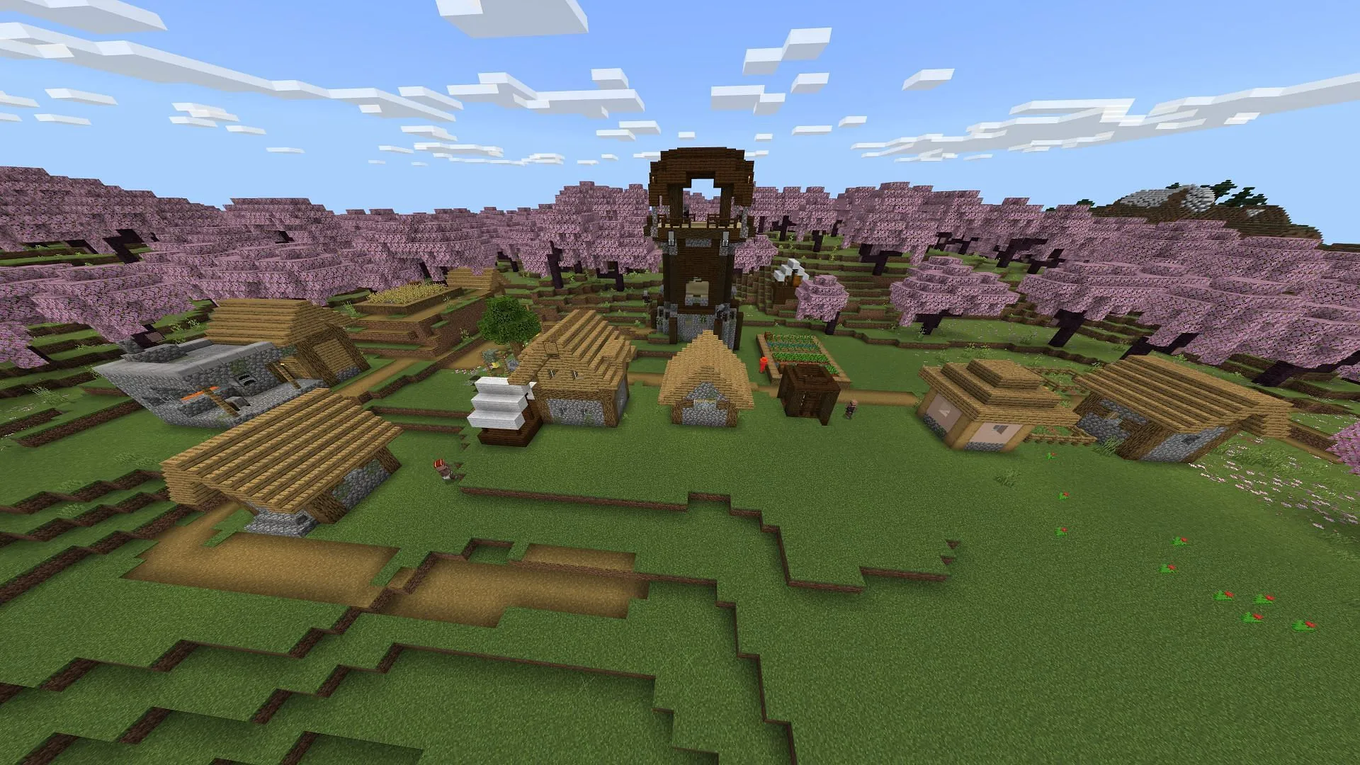 Chaos unfolds in a cherry grove biome in this seed (Image via Mojang) Chaos unfolds in a cherry grove biome in this seed (Image via Mojang)