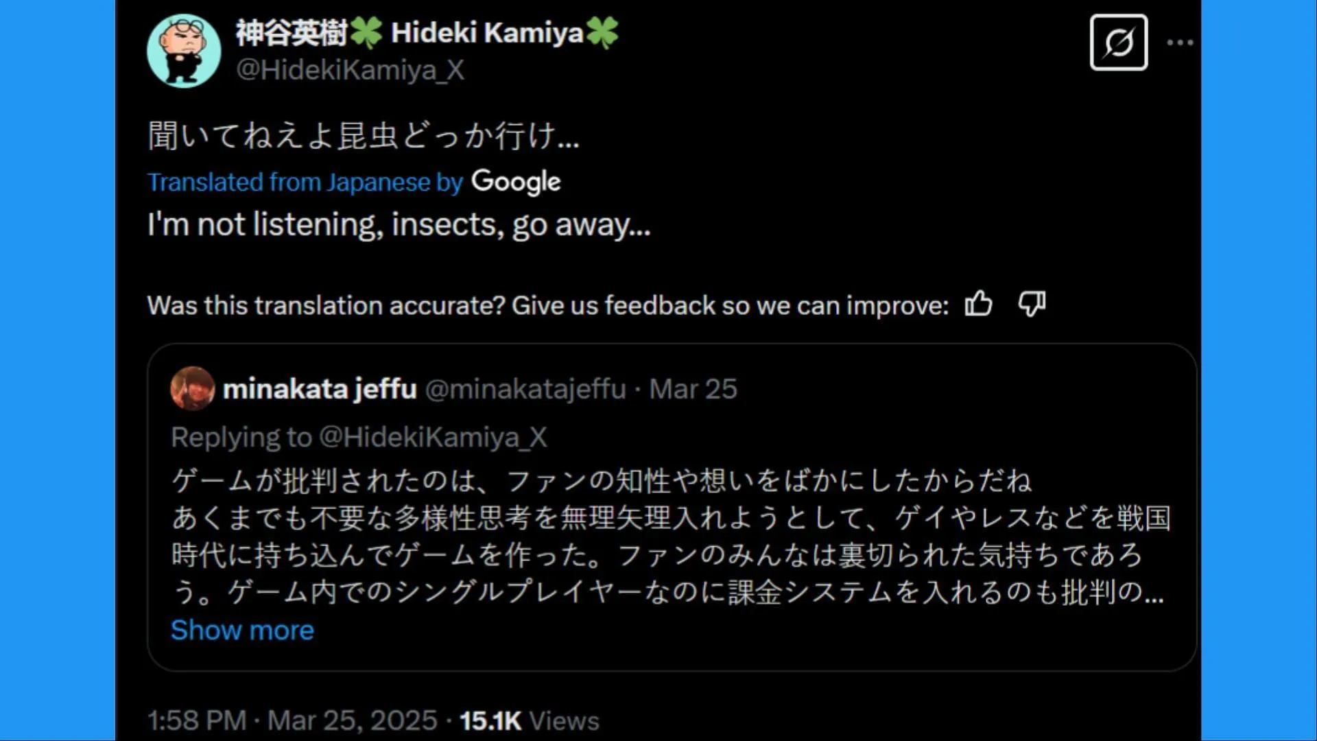 Numerous users criticized Kamiya for his take on the game