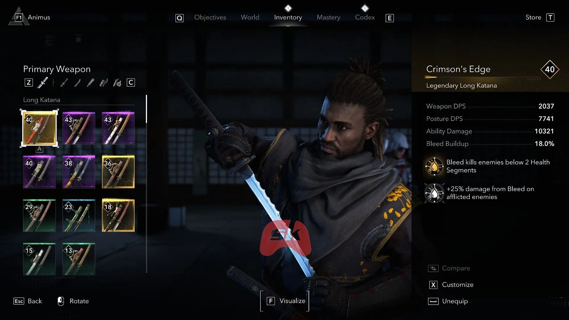 Crimson's Edge Long Katana in AC Shadows (Image via Sportskeeda Gaming || Ubisoft) Crimson's Edge Long Katana in AC Shadows (Image via Sportskeeda Gaming || Ubisoft)