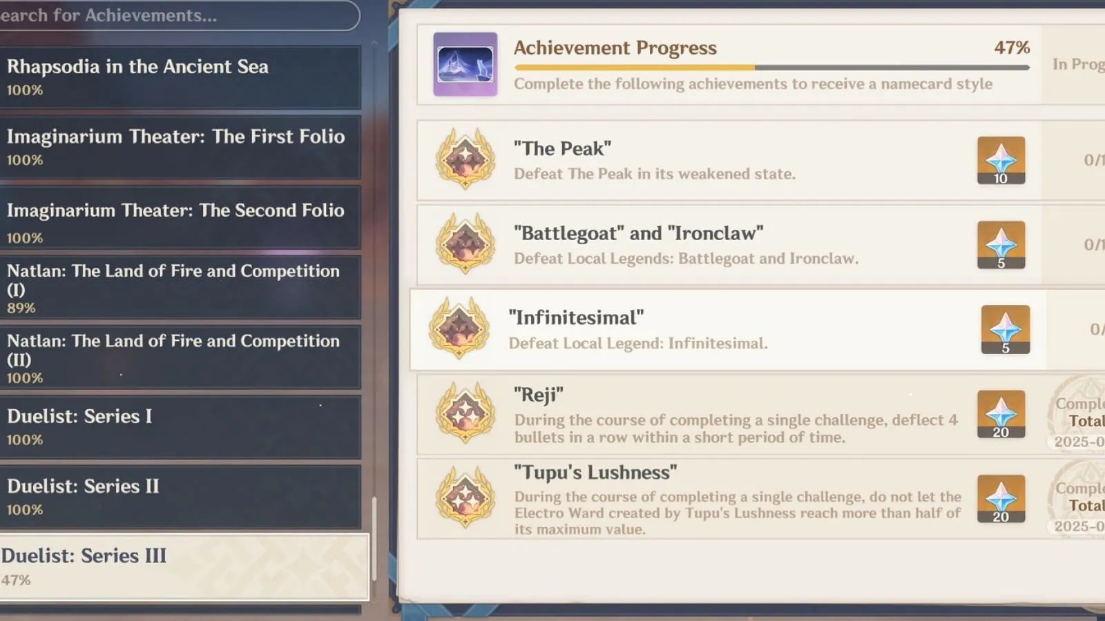 The achievement list for The Peak (Image via HoYoverse)
