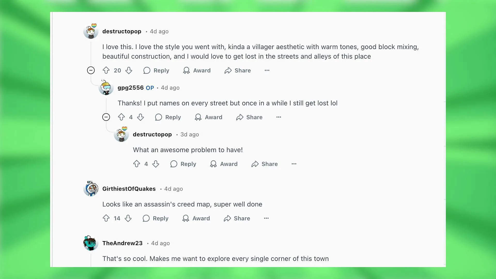 Redditors react to the town build (Image via Reddit)