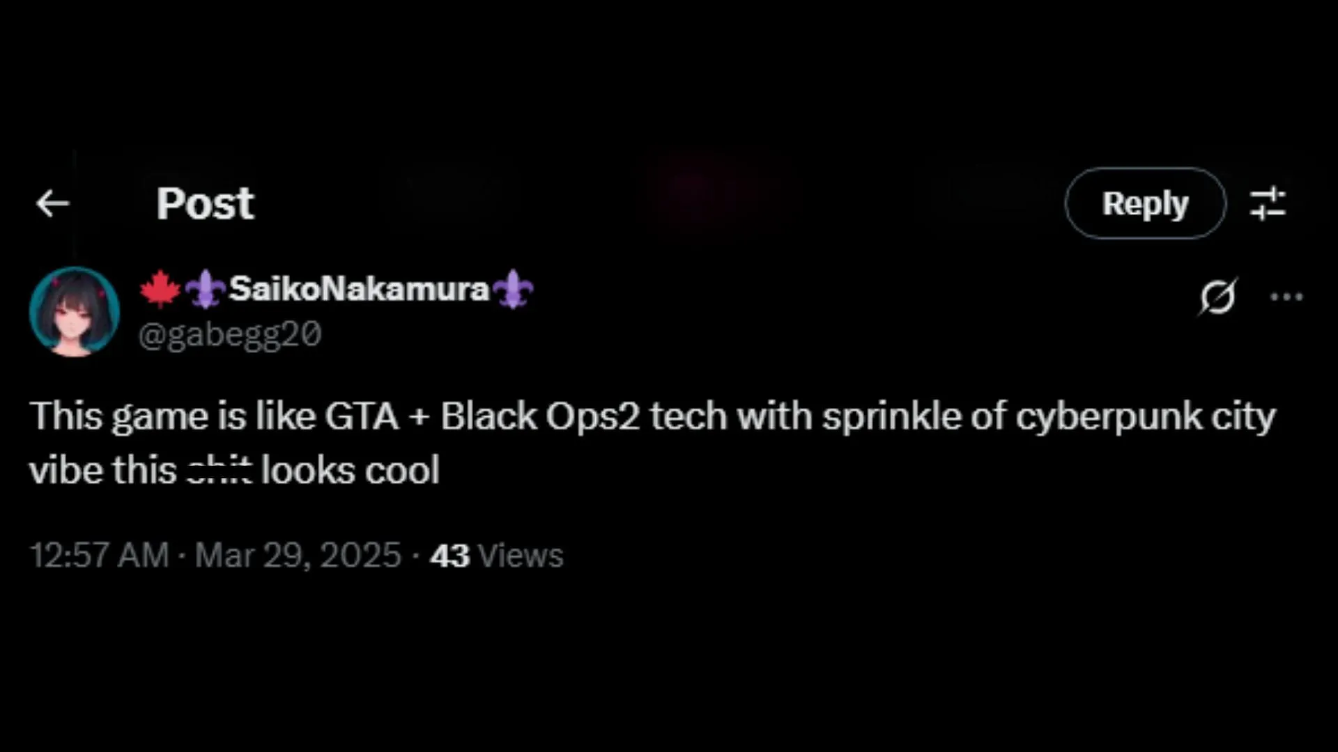 Fan views MindsEye as a mix of GTA, Black Ops 2, and Cyberpunk 2077 (Image via X) Fan views MindsEye as a mix of GTA, Black Ops 2, and Cyberpunk 2077 (Image via X)