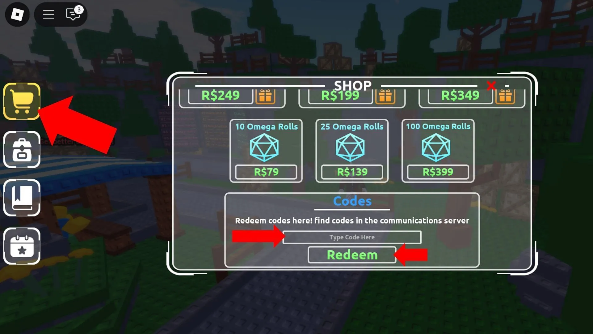 Tap the shopping cart icon to open the Shop menu (Image via Roblox)