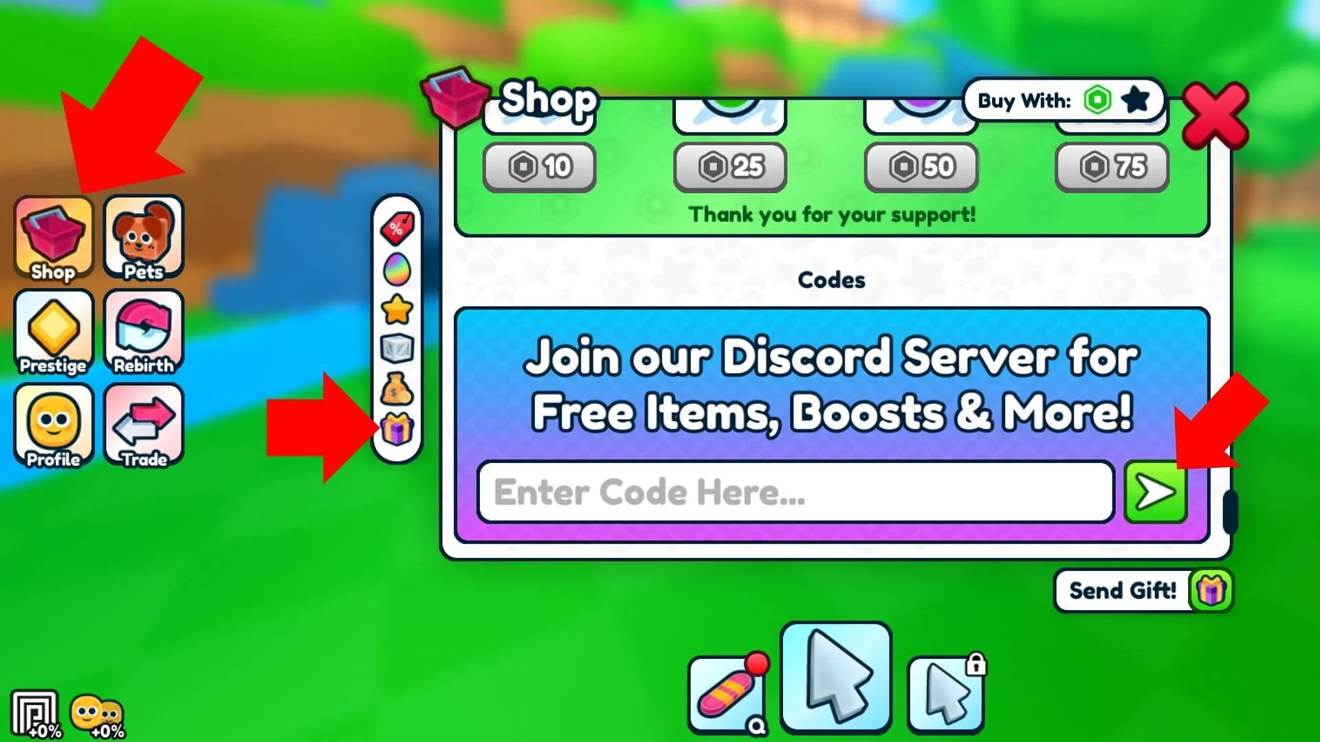 Navigate to the redemption window by clicking the gift box icon