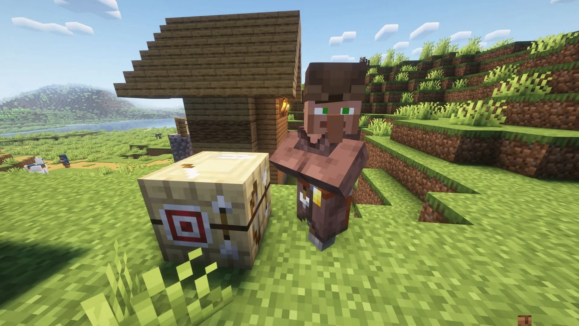 Fletcher can buy sticks for emeralds (Image via Sportskeeda Gaming/Mojang Studios) Fletcher can buy sticks for emeralds (Image via Sportskeeda Gaming/Mojang Studios)