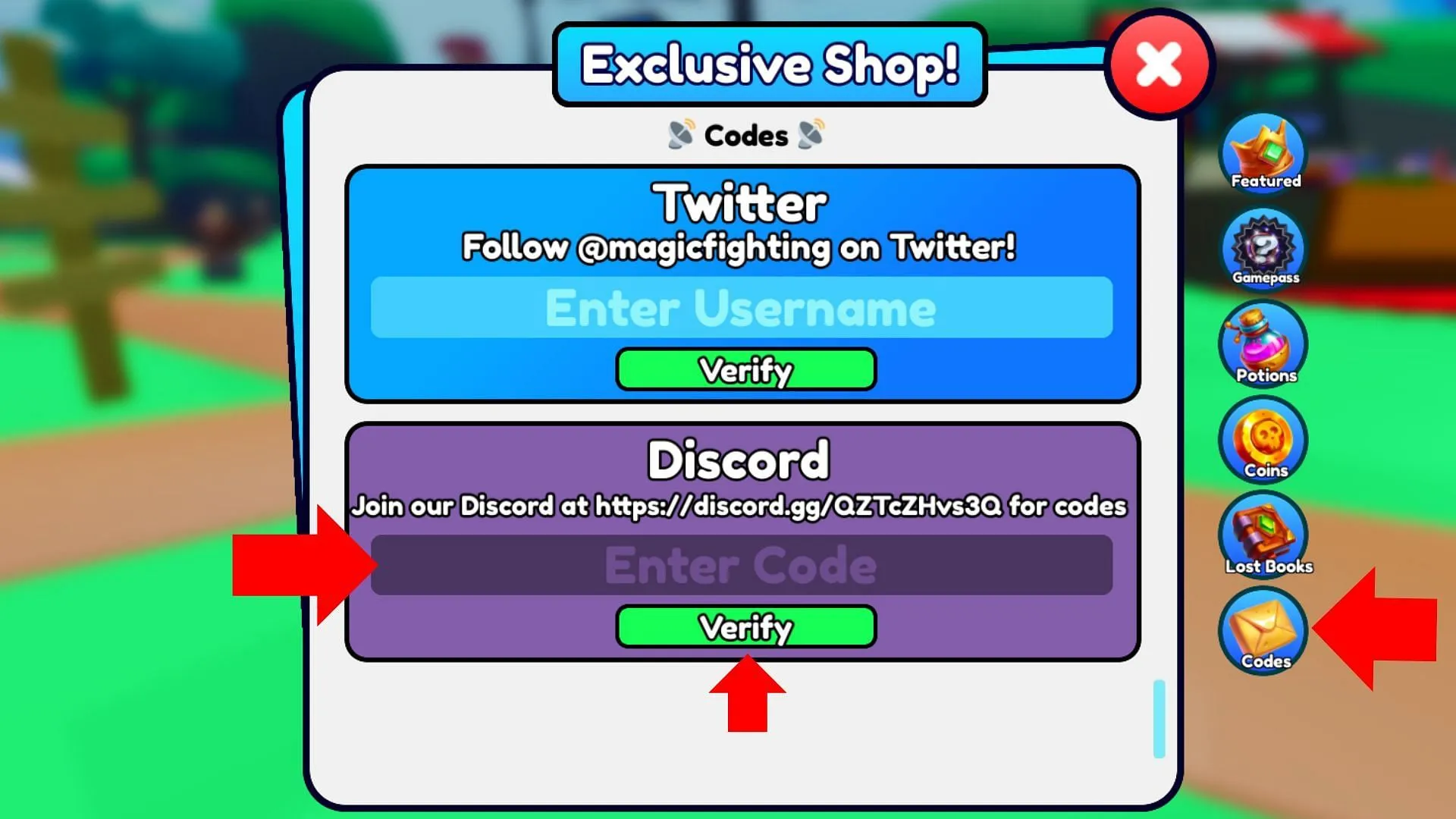 Access the Codes tab in Magic Fighting Simulator (Image via Roblox)
