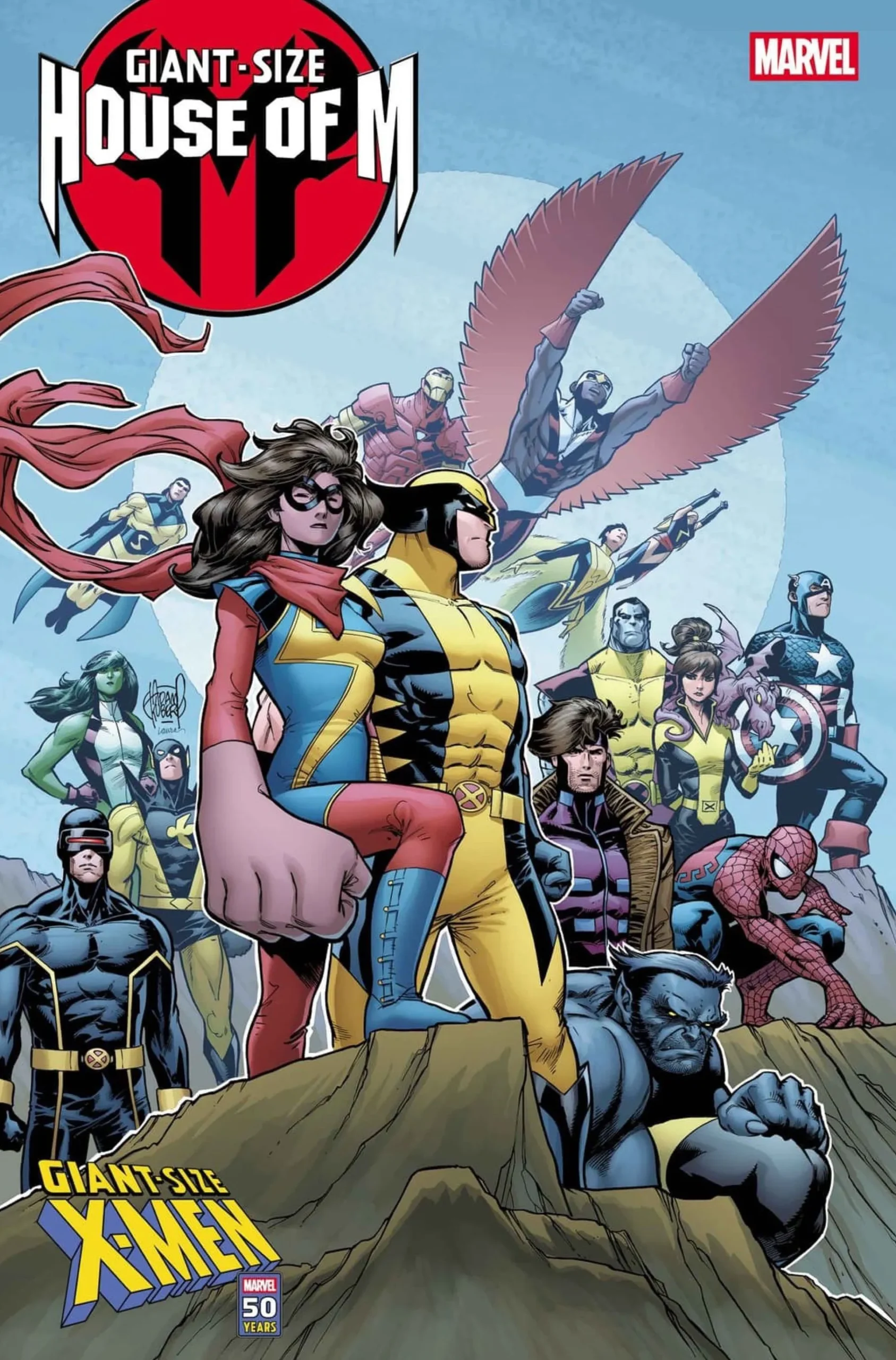 Giant-Size House of M #1 cover by Adam Kubert - Ms. Marvel stands with the Avengers and X-Men in homage to original cover