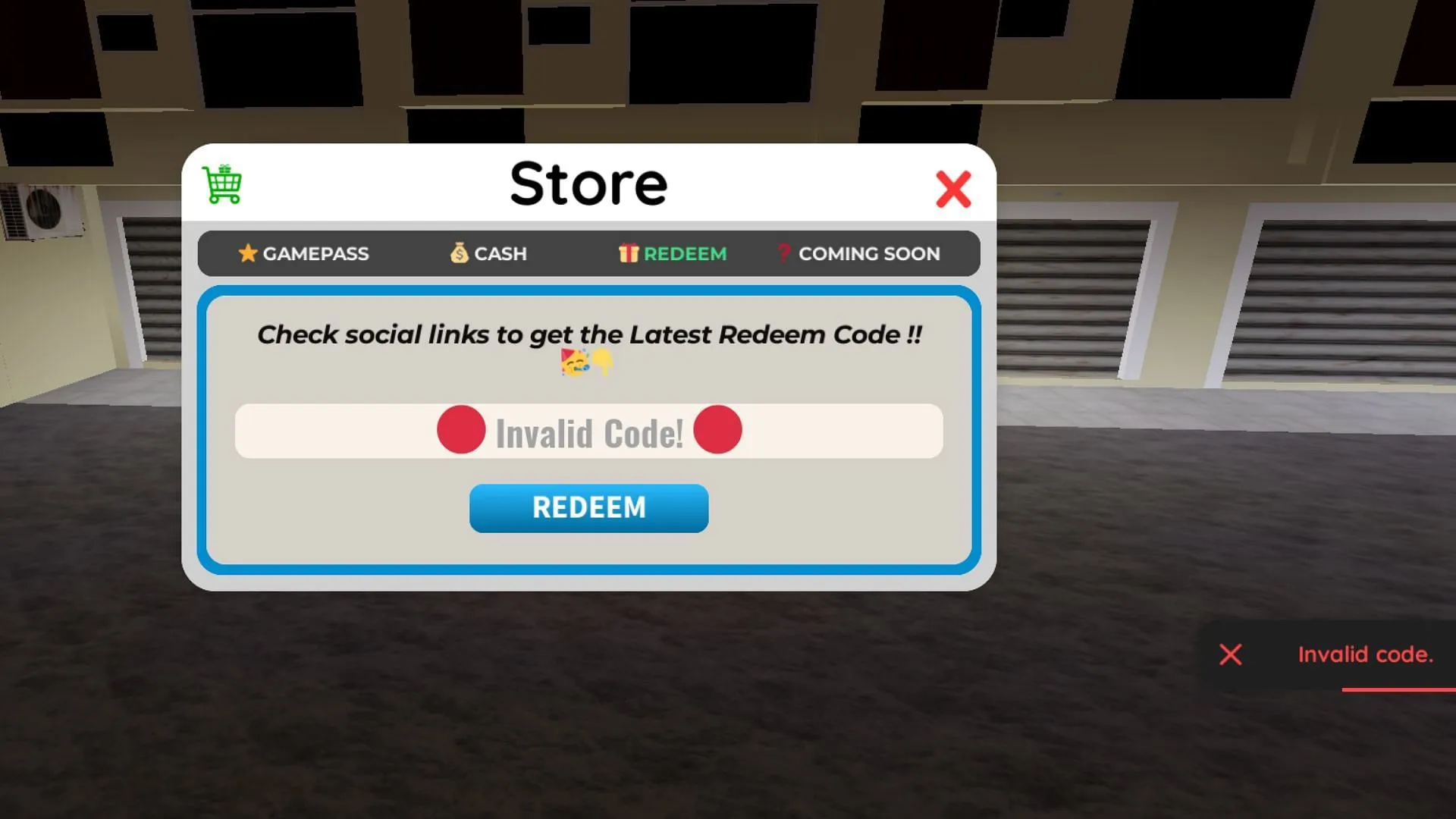 Invalid Code! error in Ride Drive Simulator (Image via Roblox)