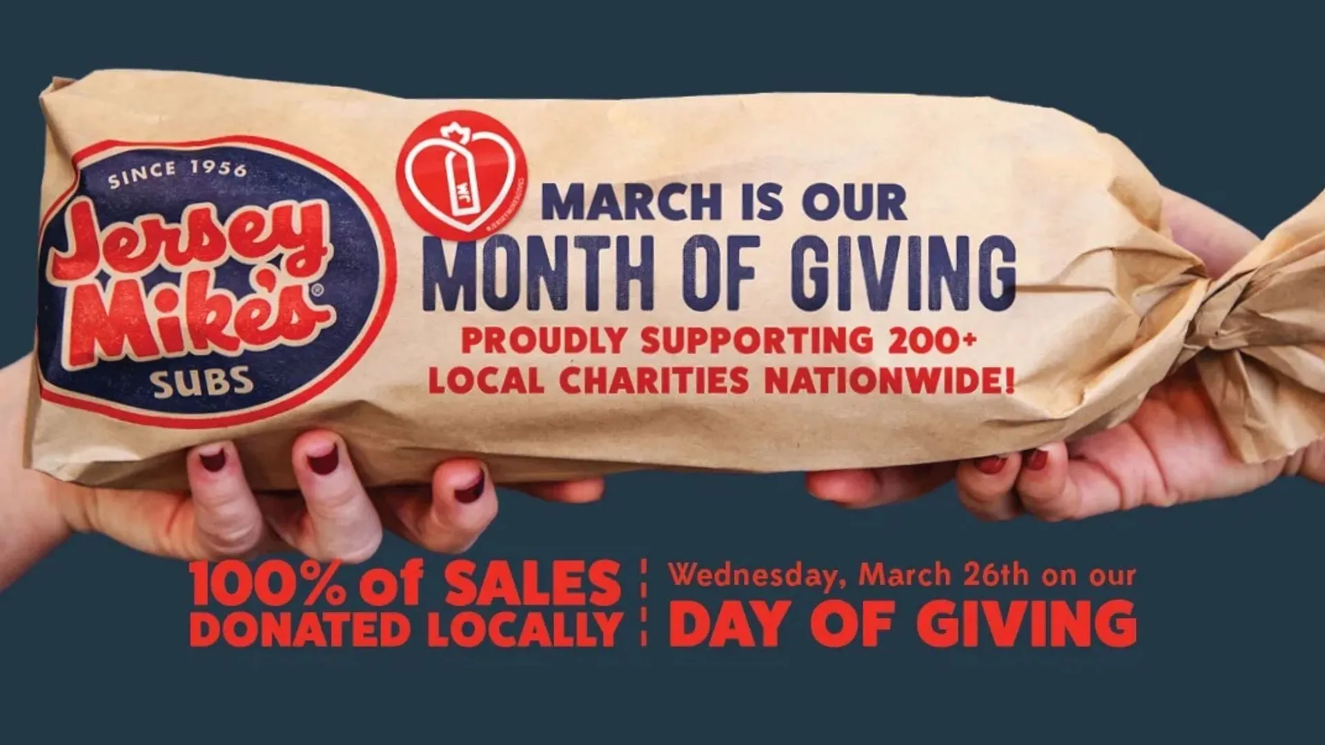 Month of Giving begins in March (Image via Jersey Mike’s) Month of Giving begins in March (Image via Jersey Mike’s)