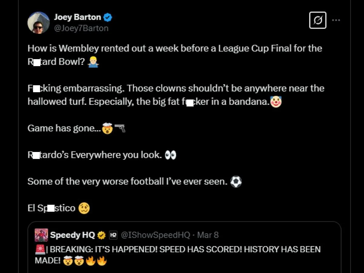 Joey Barton's controversial comment about the Sidemen Charity Match 2025 (Image via X/@Joey7Barton)