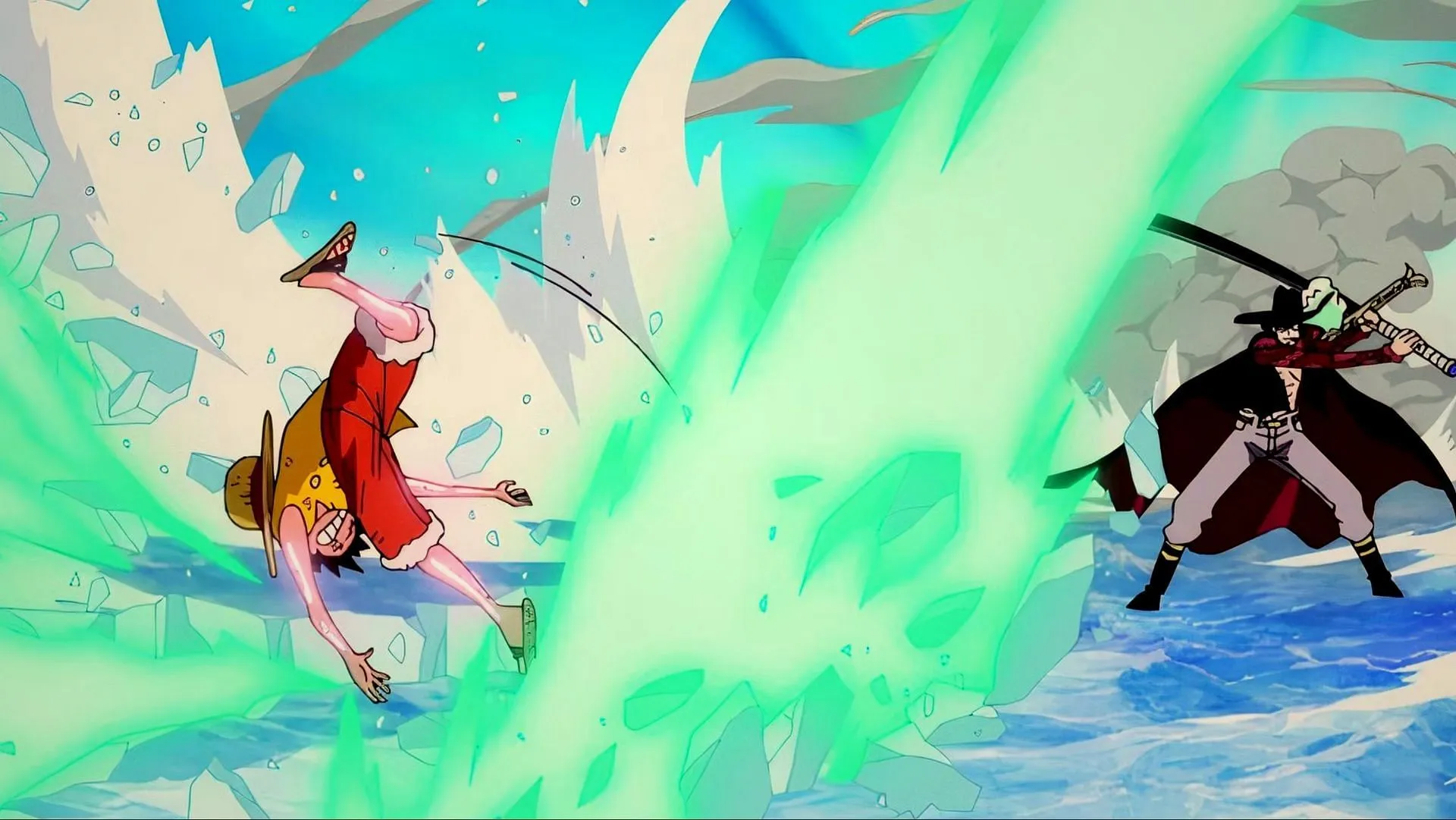 Mihawk slashing Luffy during the battle from One Piece's Marineford arc (Image via Toei Animation)
