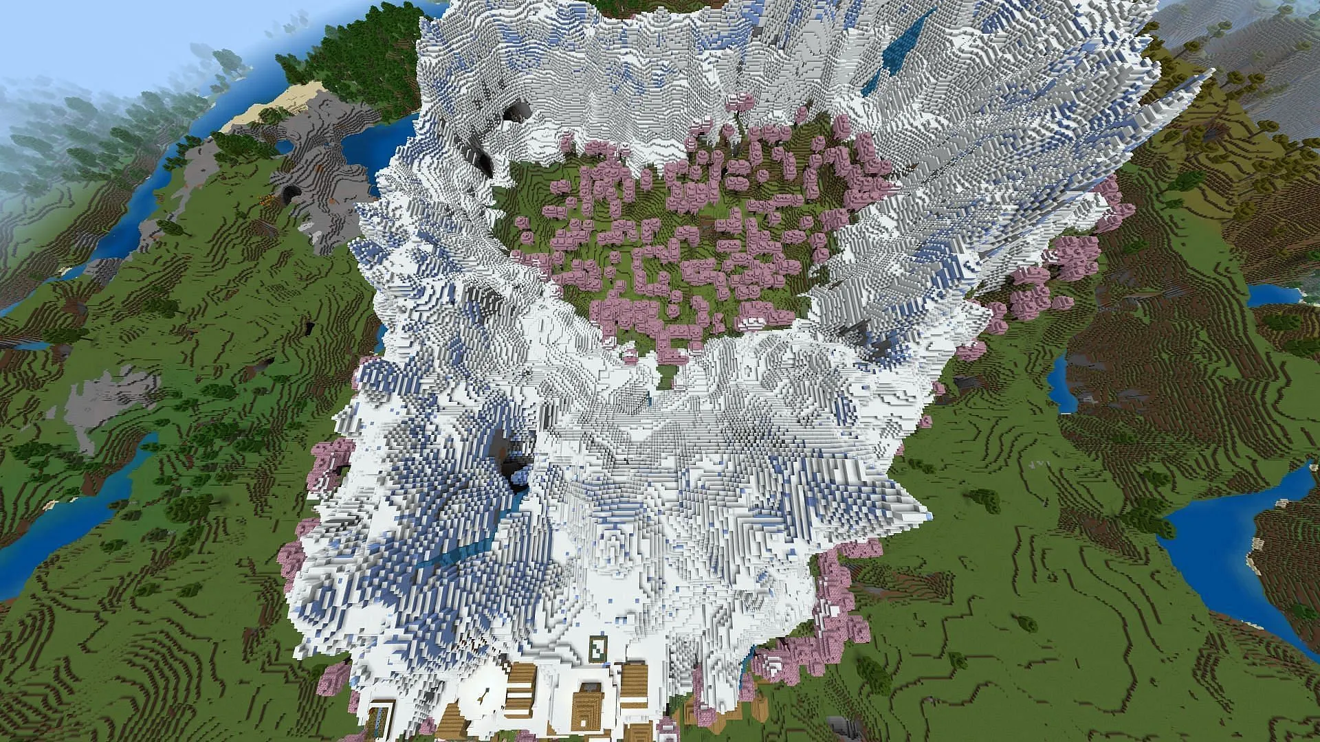 This seed has a heart-shaped valley complete with a cherry grove biome at its center (Image via Mojang) This seed has a heart-shaped valley complete with a cherry grove biome at its center (Image via Mojang)