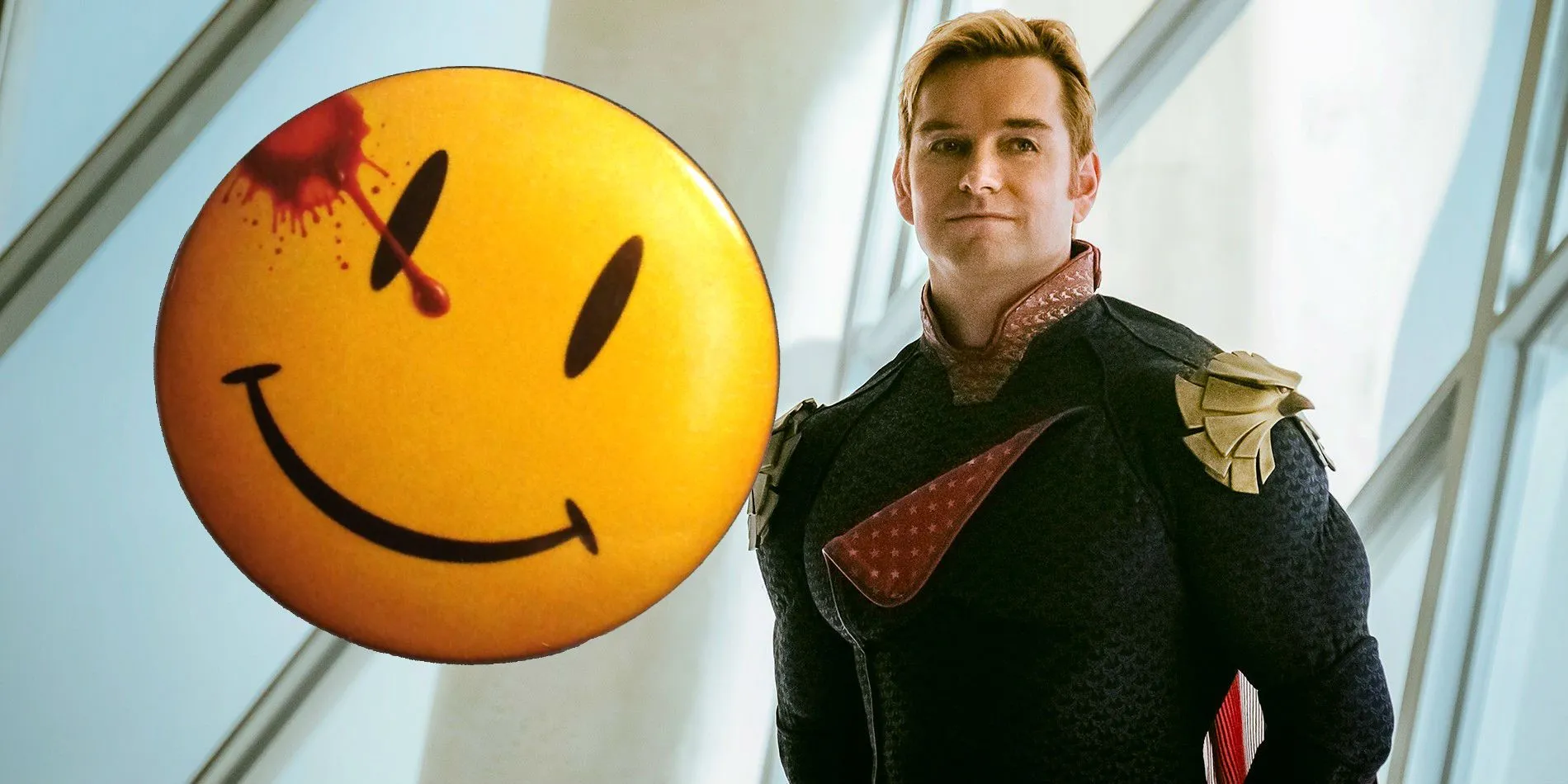 Antony Starr as Homelander with Watchmen smiley in The Boys
