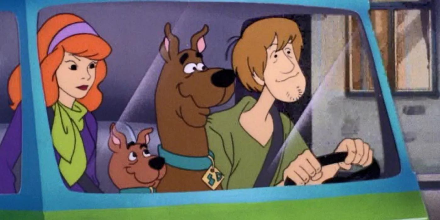 Shaggy drives the Mystery Machine with Scooby, Scrappy, and Daphne