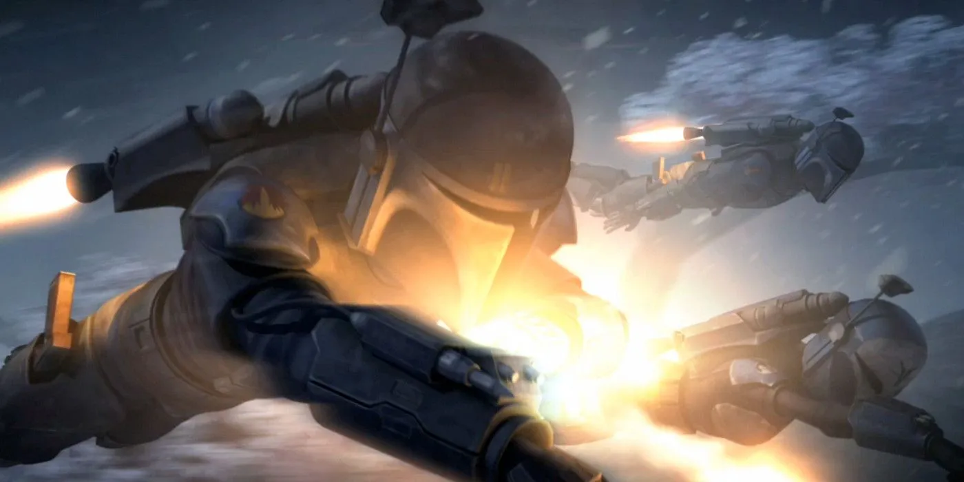 Members of the Mandalorian Death Watch fly and fire rockets in Star Wars: The Clone Wars.