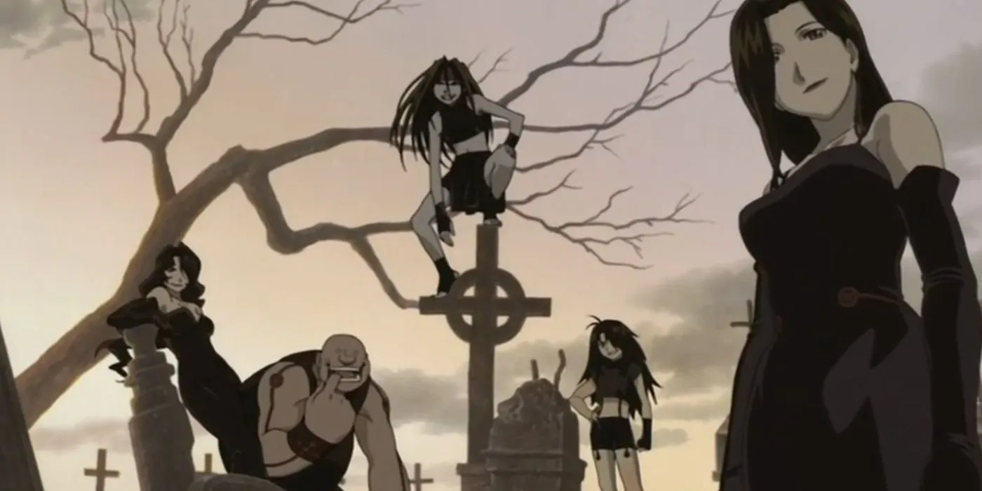 The Homunculi gathered in a graveyard in Fullmetal Alchemist 2003. The Homunculi gathered in a graveyard in Fullmetal Alchemist 2003.