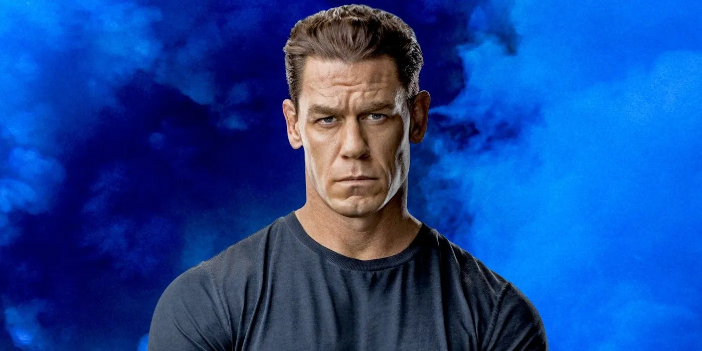 John Cena as Jakob Toretto in Fast and Furious 9 in front of blue smoke