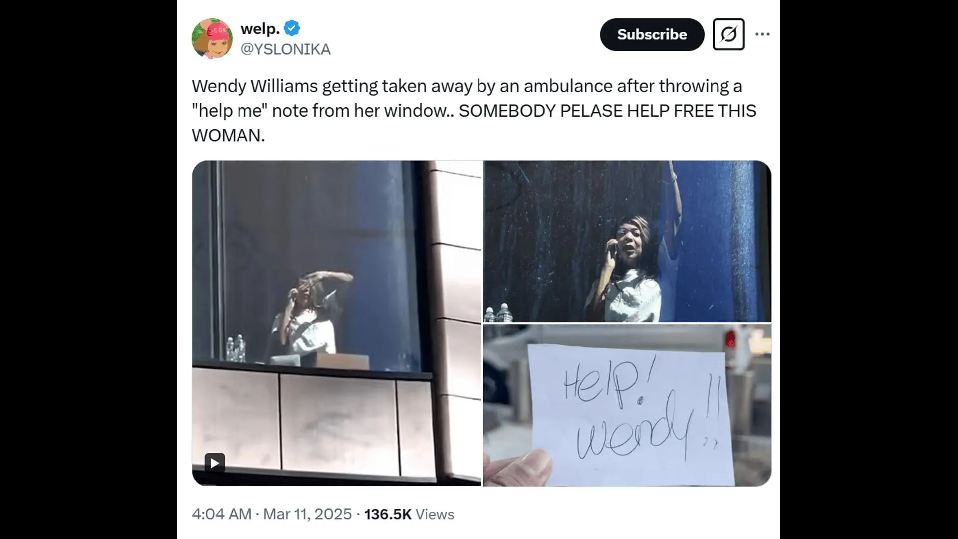 Wendy Williams asking for help from her facility's window. (Image via X)