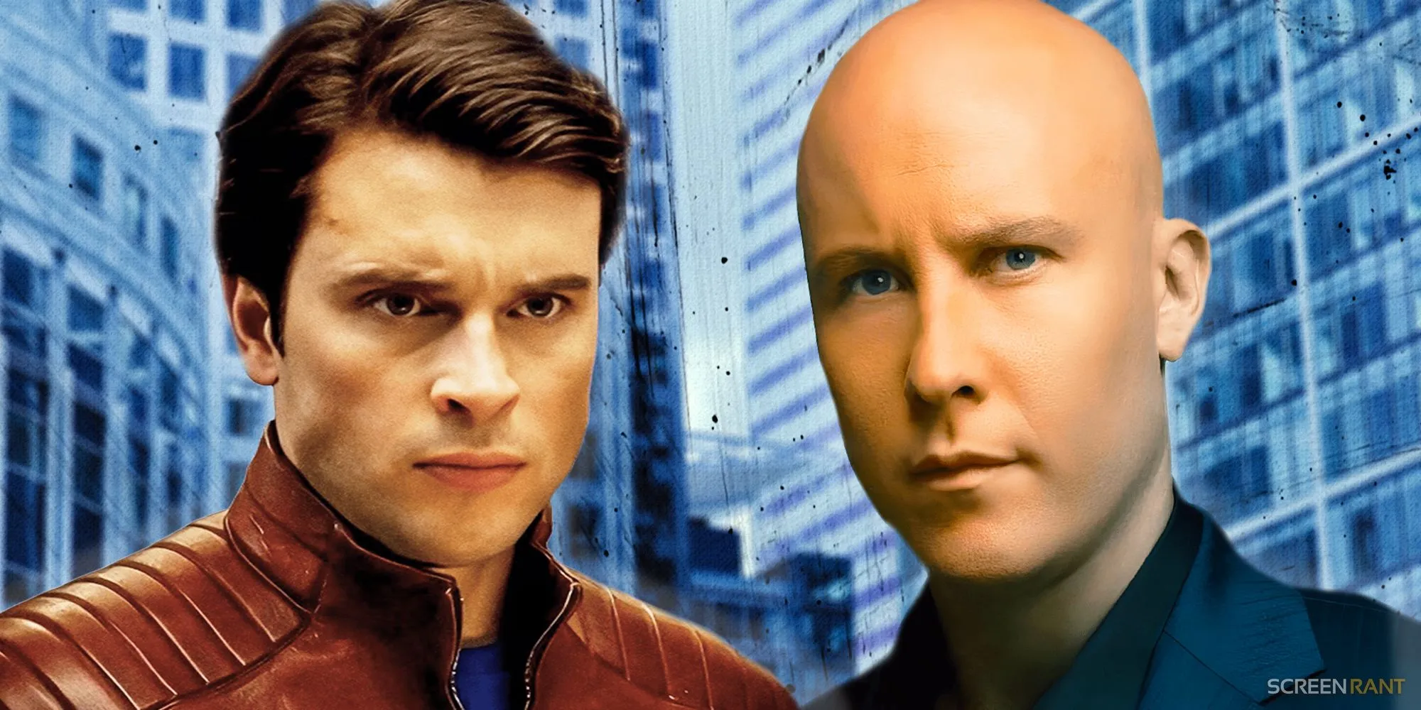 Tom Welling’s Clark Kent and Michael Rosenbaum’s Lex Luthor looking concerned