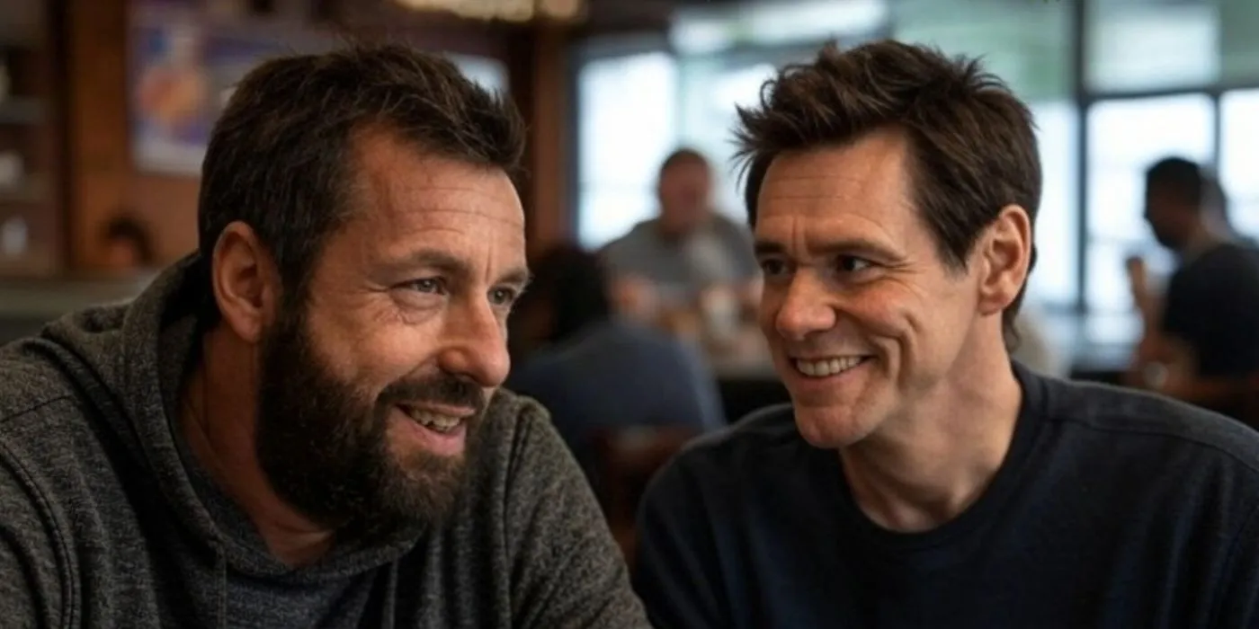 An AI generated Adam Sandler and Jim Carrey in a coffee shop in Buds.
