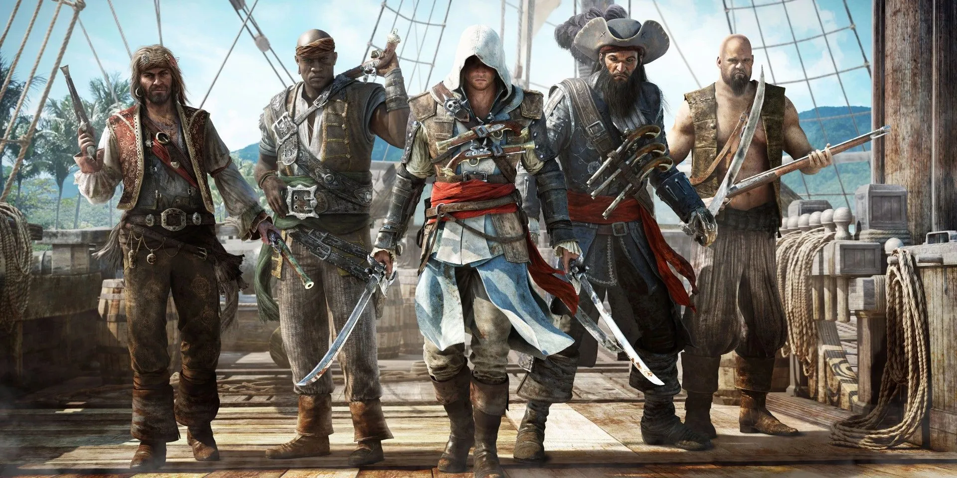 Edward Kenway from Assassin's Creed IV: Black Flag in action with other pirates. Edward Kenway from Assassin's Creed IV: Black Flag in action with other pirates.