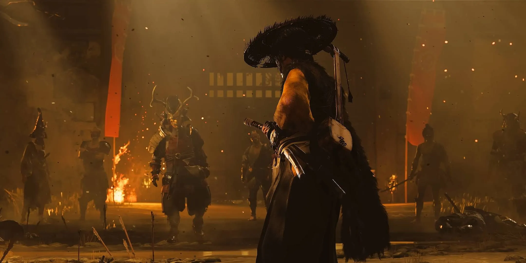 Atsu confronting enemy samurai in a cutscene in Ghost of Yotei.