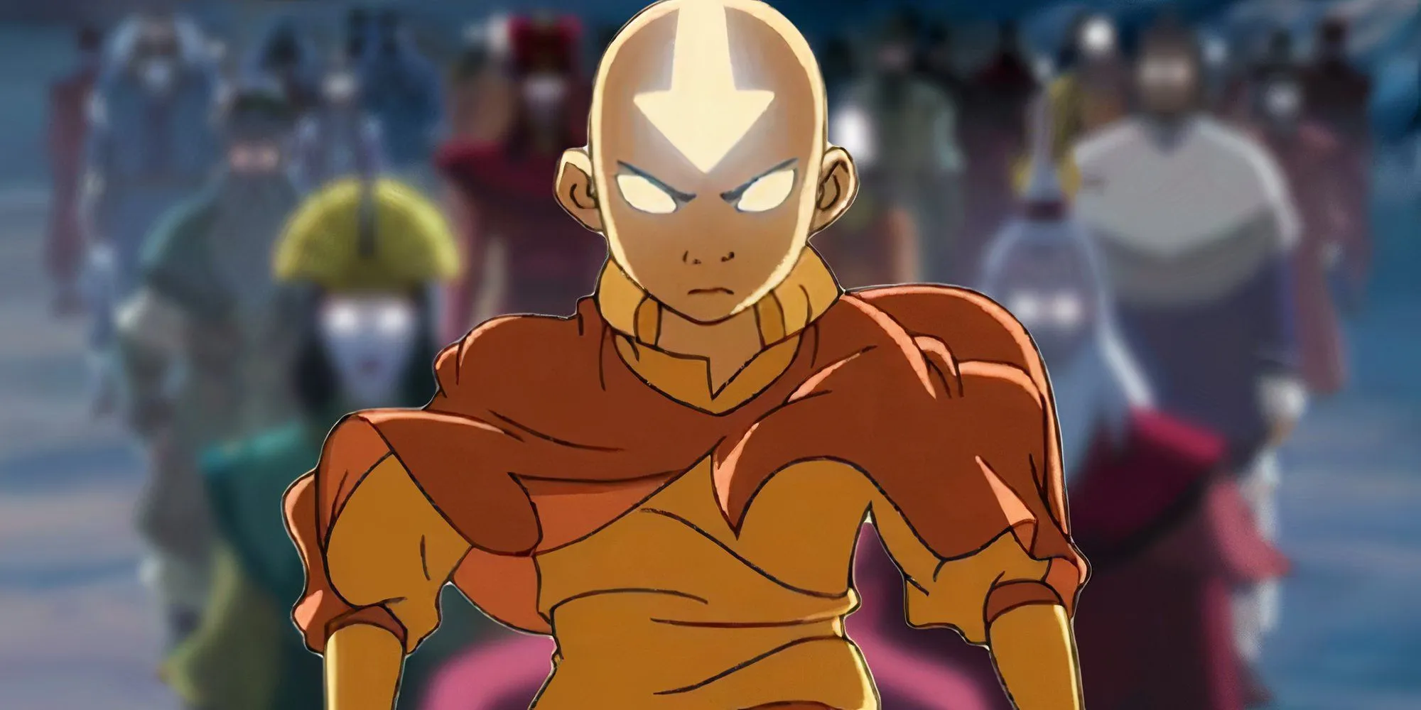 Avatar Aang above a blurred image of the past Avatars from The Legend of Korra (2012-2014) Avatar Aang above a blurred image of the past Avatars from The Legend of Korra (2012-2014)