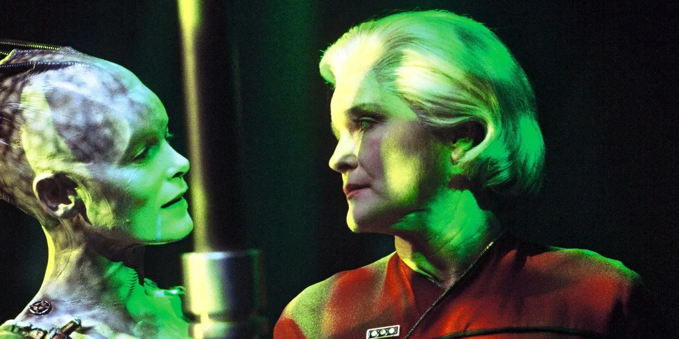 The Borg Queen (Alice Krige) converses with Admiral Janeway (Kate Mulgrew) in Star Trek: Voyager series finale 