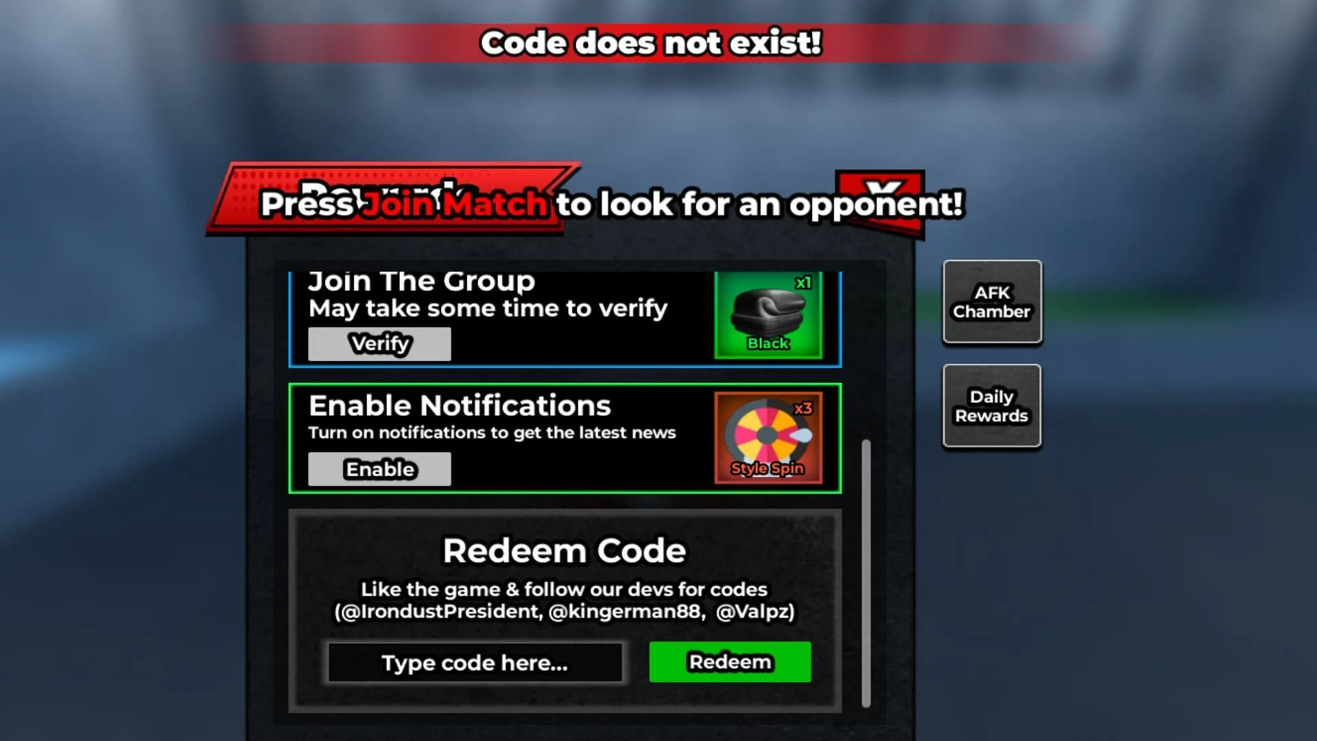 Error message: 'Code does not exist!'