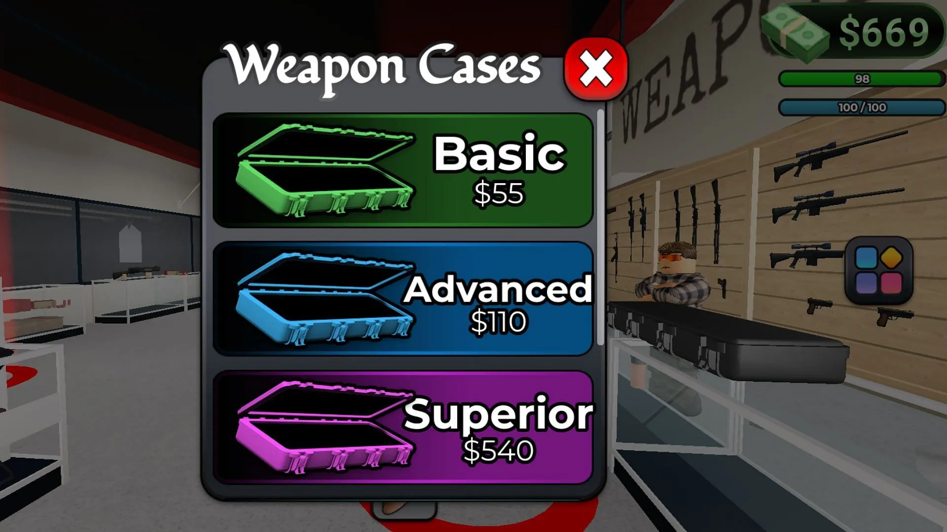 Weapon Cases in BlockSpin (Image via Roblox)