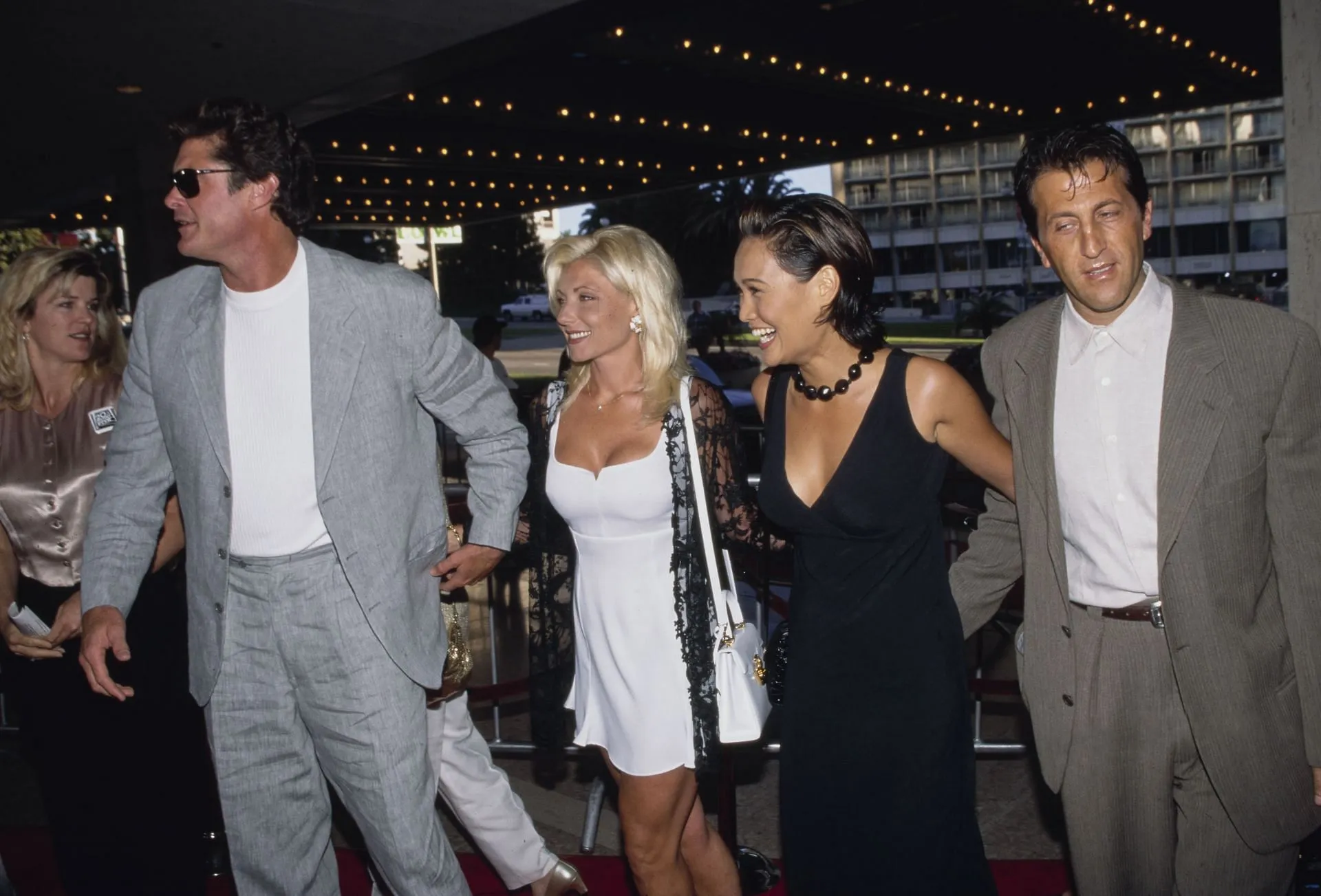 David Hasselhoff, Pamela Bach, Tia Carrere, and Elie Samaha At Premiere - Image via Getty