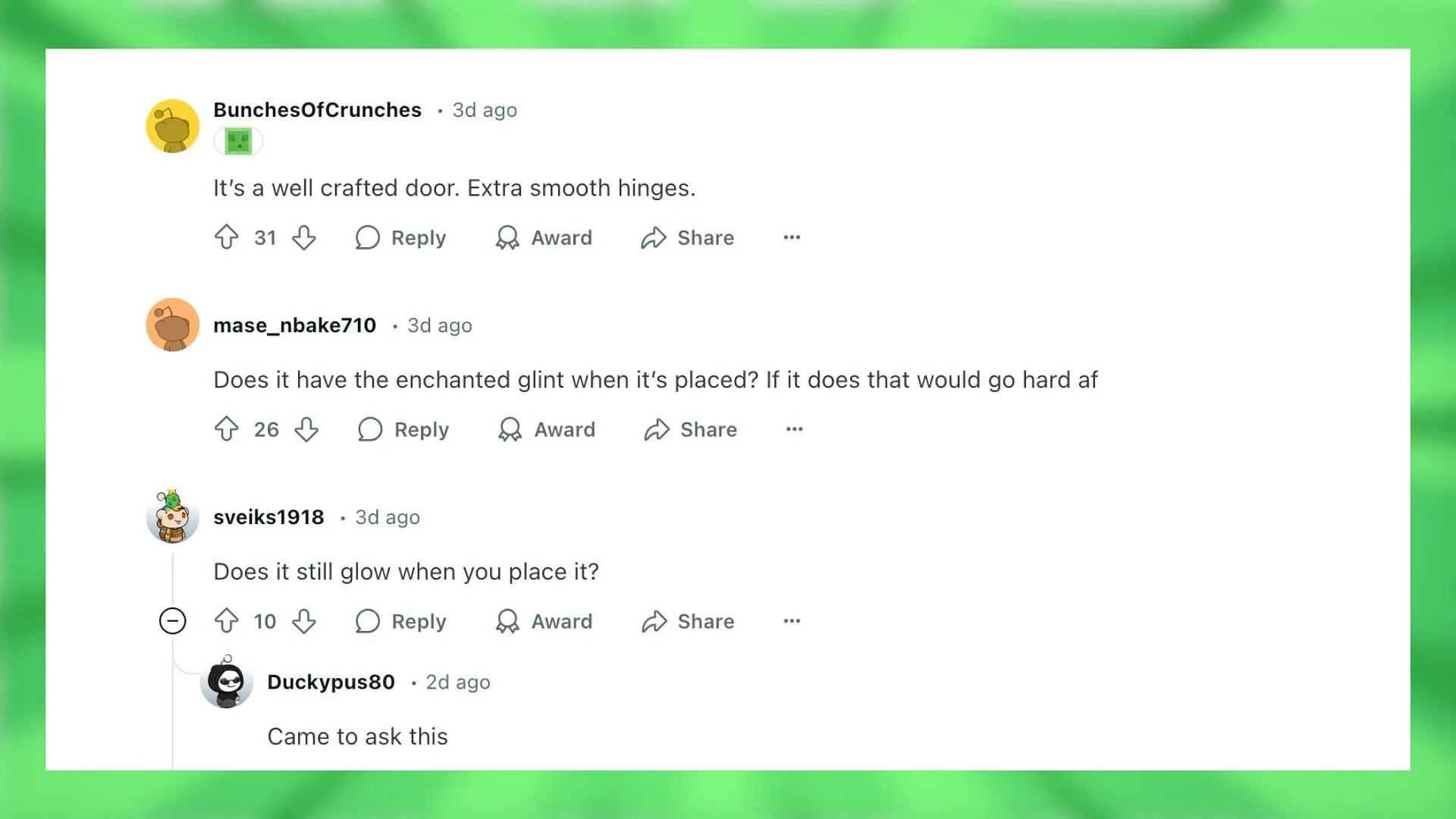 Redditors react to the oak door enchantment (Image via Reddit) Redditors react to the oak door enchantment (Image via Reddit)