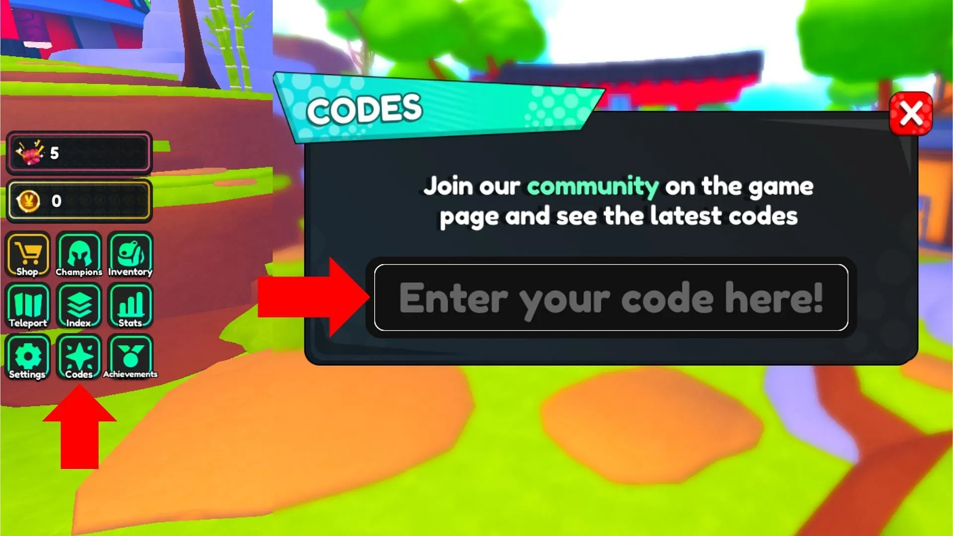 The Codes tab is indicated by a star icon (Image via Roblox) The Codes tab is indicated by a star icon (Image via Roblox)