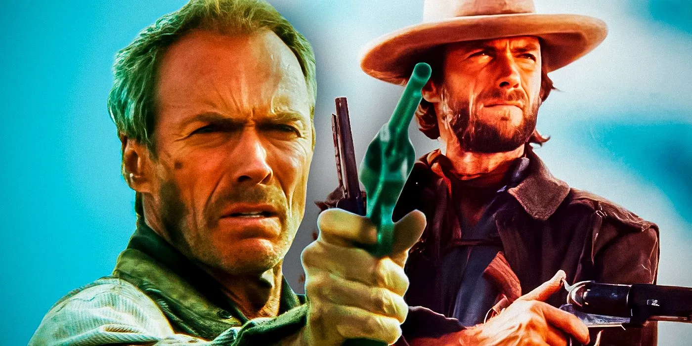 Clint Eastwood holding guns in The Outlaw Josey Wales and Unforgiven