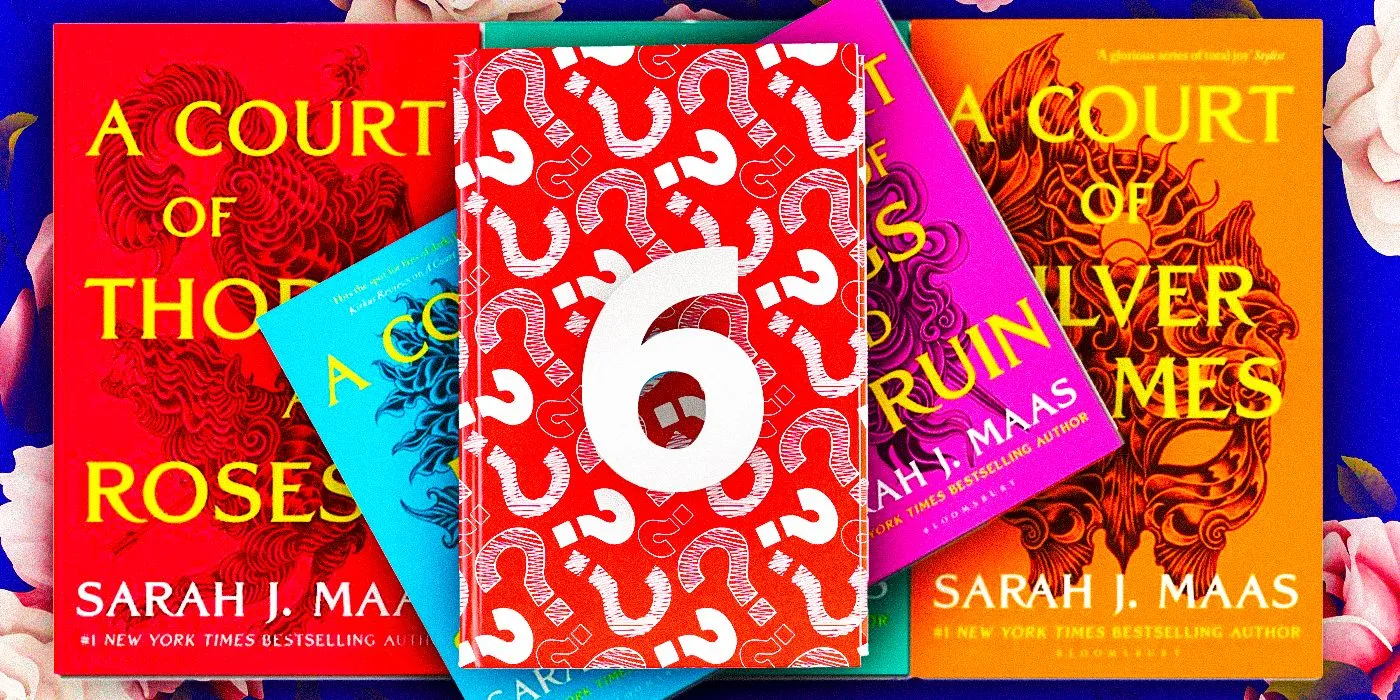 Cover design of A Court of Shaded Truths featuring a red book covered in question marks and a large '6' Cover design of A Court of Shaded Truths featuring a red book covered in question marks and a large '6'